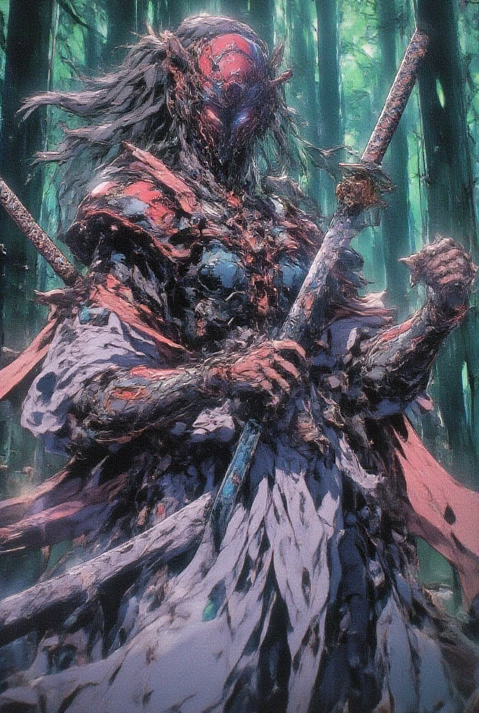 masterpiece, highest quality, A full-body illustration from the front. The main character is a girl in traditional Japanese clothing, with long pink hair and a hair ornament. She holds a sword and has a huge, menacing spirit behind her, wearing elaborate armor with a terrifying expression. Green smoke swirls around them. The girl's kimono has a delicate red pattern on a black background, and her eyes are a vibrant green, matching the aura of the spirit. The overall scene is dynamic and vivid, with a mysterious and otherworldly atmosphere.