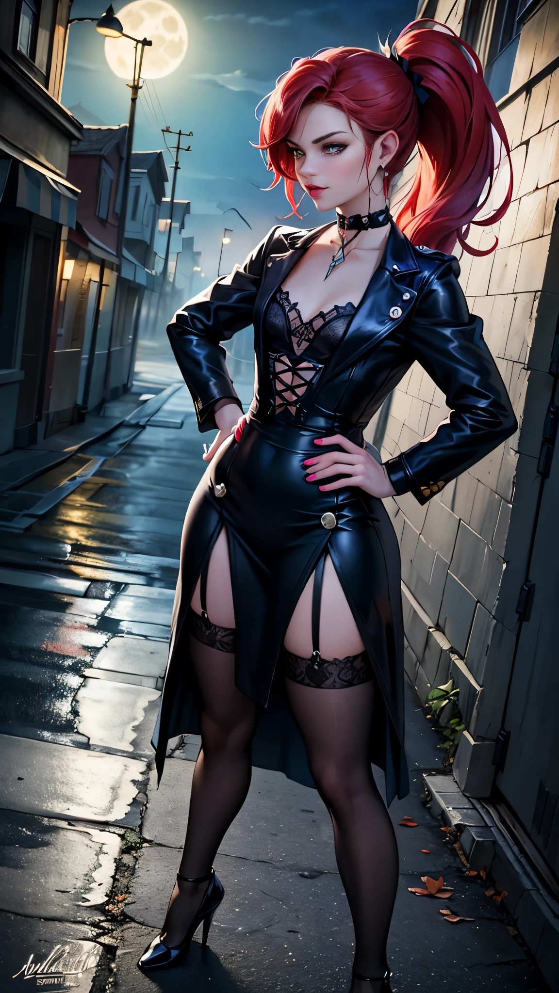 (RAW Photo), Absurdities, (Absurd Resolution)), (Maximum Quality, 16k, Masterpiece, Ultra Detailed, Hyperrealism), Vintage, (Beautiful girl, 21 years old, pin-up), (Perfect figure, slender, well-formed body, hands on hips), (straight red hair, highlights, ponytail), (made-up, floral choker), legs crossed with stockings, (gothic dress, patterned, mermel-pink, small chest), jewelry, earrings, (background: gothic street, streetlights, fog), full moon, volumetric lighting, (Photographic Perspective). «SunPuma S»