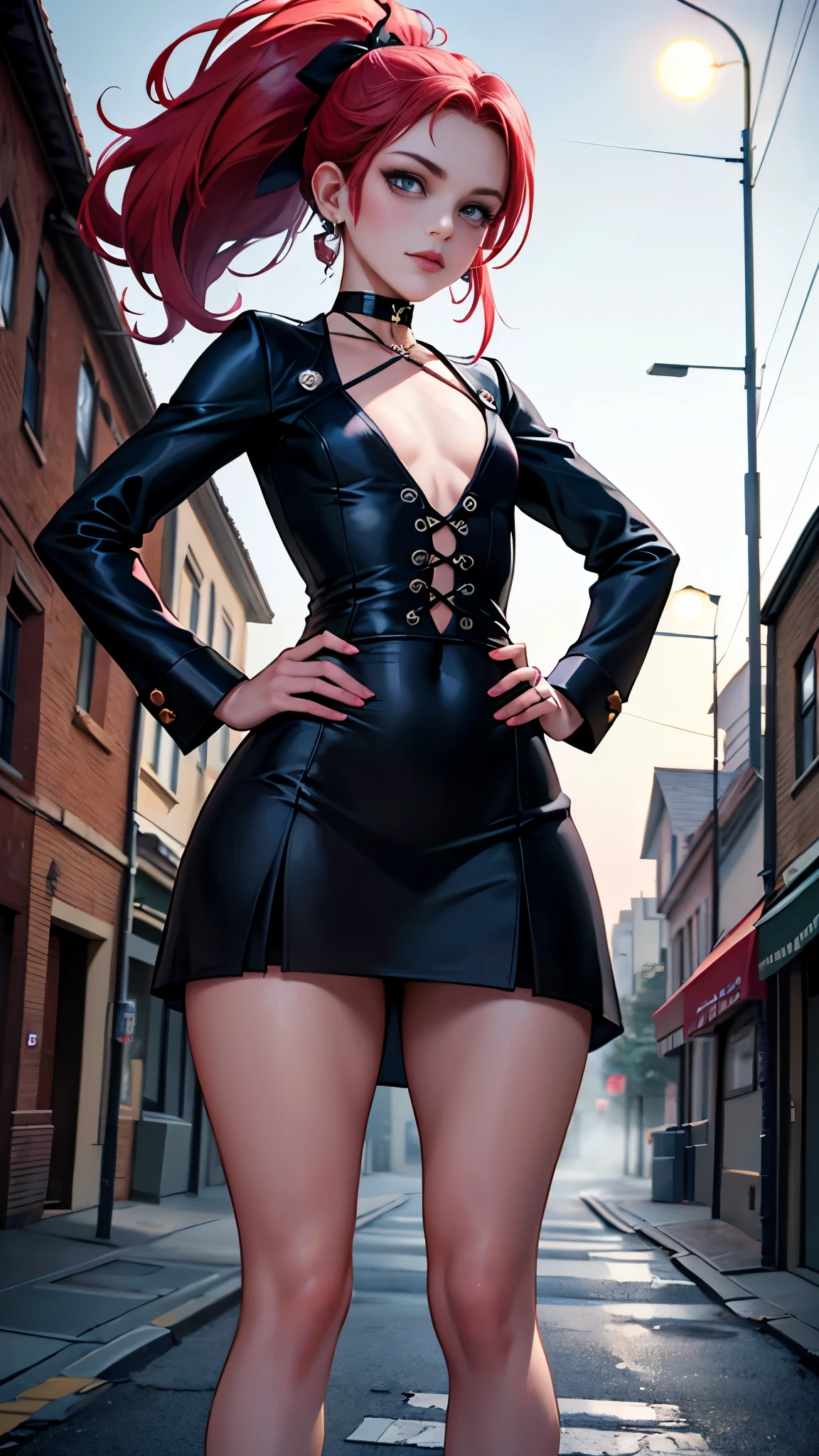 (RAW Photo), Absurdities, (Absurd Resolution)), (Maximum Quality, 16k, Masterpiece, Ultra Detailed, Hyperrealism), Vintage, (Beautiful girl, 21 years old, pin-up), (Perfect figure, slender, well-formed body, hands on hips), (straight red hair, highlights, ponytail), (made-up, floral choker), legs crossed with stockings, (gothic dress, patterned, mermel-pink, small chest), jewelry, earrings, (background: gothic street, streetlights, fog), full moon, volumetric lighting, (Photographic Perspective). «SunPuma S»