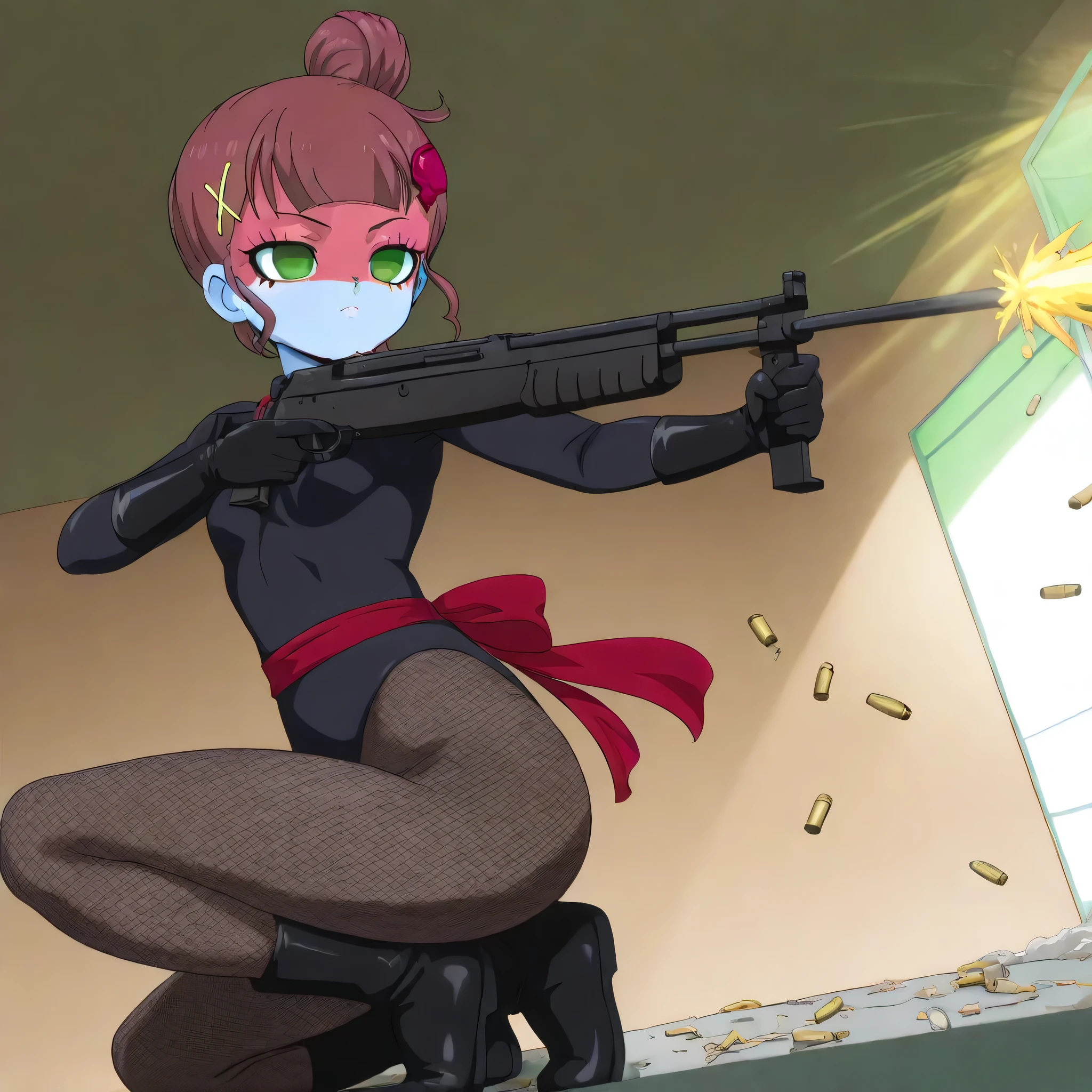 ((Masterpiece))), (((Best Quality))), ((Super Detail)), ultra-High resolution, score_9,score_8_up,score_7_up,score_6_up,score_5_up,score_4_up, BREAK, source_anime, anime screencap, uncensored, Masterpiece, (best shadow), (absurdres), (detailed background), (very aesthetic), detailed beautiful eyes, outstanding, an exquisite animation illustration, curvy, highres, shiny clothing, dark persona, empty eyes, blank eyes, shocker, black leotard, latex elbow gloves, brown fishnet pantyhose, blue skin, colored skin, red sash, makeup, red skin, (((solo, 1girl))), hair ornament, pose, submissive pose, anime style, anime coloring, animification, megami magazine, pose, dynamic angle, cinematic angle, dutch angle, dynamic composition, small , zzChonoHikari, green eyes, brown hair, heart, heart hair ornament, hairclip, hair bun, short hair, single hair bun, x hair ornament, dynamic pose, Japanese, indoor, hallway, school, dappled light, sunbeam, wind, windy, expressionless, emotionless, holding assault rifle, assault rifle, aiming, firing, from side, side , looking side, view from side, firing at side, ruin, on one knee, dynamic pose, fighting, fighting stance, action pose, bullet, blood splatter, , serious, squatting, crouching