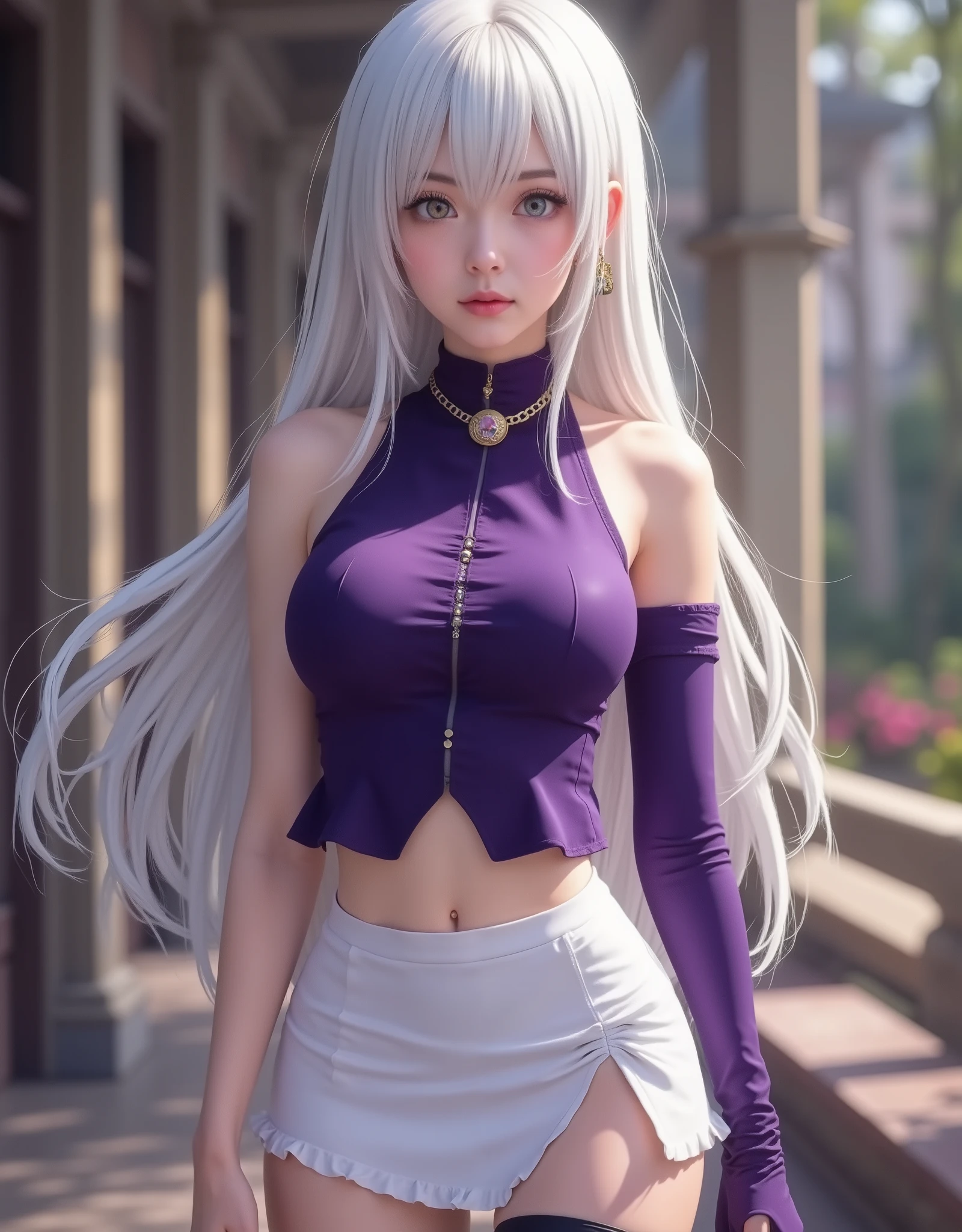 full-body portrait (hyperrealistic) by Elizabeth Liones Nanatsu no Taizai,white hair,ultra-detailed eyes with ((heterochromia)) yellow gold and blue,emphasized bust,su atuendo es una camisa sin mangas ajustada de color morado dark con botones en color blanco,wears aa corbata en forma de moño color rosa,(perfect anatomy),He wears his ((bare shoulders)),su mano izquierda wears aa (tight purple sleeve) dark,that contrasts with her (naked right hand),she wears an asymmetric white miniskirt, revealing their legs,which are accented with a single black thigh-high stocking on his right leg,that contrast sharply with his bare left leg,wears a (white shoe) on his right foot and one (color black) on his left foot,(RAW photo),(photorealistic),(hyperrealistic),(Masterpiece),(high quality),(definition 8k ),(ultra detailed),(resolución absoluta),(exquisite details),(hdr), estilo hyperrealistic,iridescent effects,background with heavenly atmosphere,cinematic lighting,dynamic contrast of light and shadow