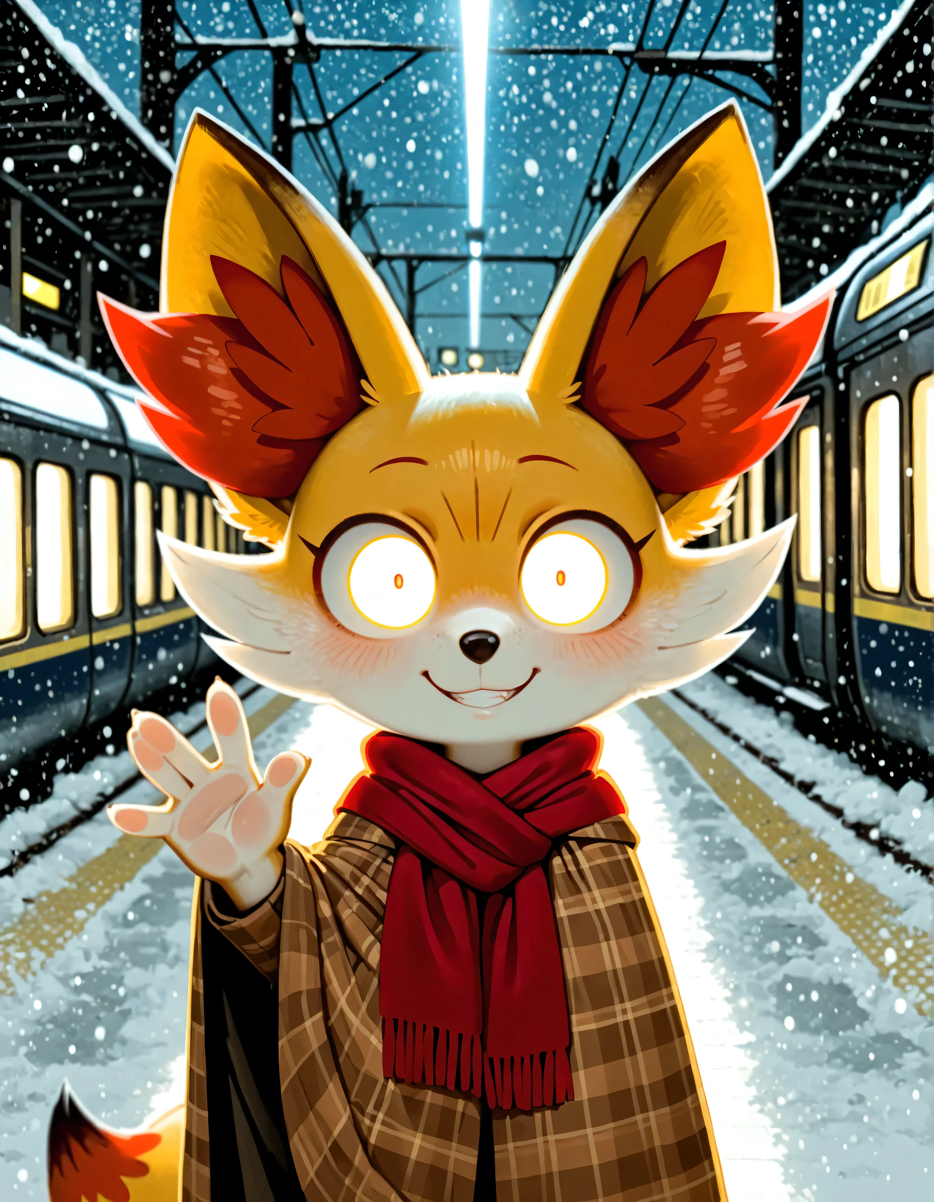 (by Wamudraws, by B-Epon, by Exed Eyes:1.25), anthro (fennekin:1.25), red scarf, detective cloak, standing, smile, waving at viewer (three-quarter portrait:1.3), three-quarter view, close-up, BREAK, london train station, night, glowing, plant, snowing, detailed detailed background, depth of field, ambient silhouette, backlighting, masterpiece, best quality, light, 4k, 2k, (high detail:1.25), shaded, photography, solo