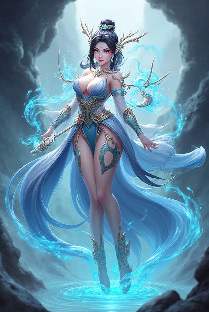 high details, best quality, 16k, [ultra detailed], masterpiece, best quality, (extremely detailed), dynamic angle, ultra wide shot, photorealistic, ((fantasy art)), dnd art, rpg art, realistic art, female human druid of the stars, guardian of nature, controlling magical energy made of stars, swirling blue stary magical light, divine symbols, DruidMagicAI (intricate details, Masterpiece, best quality: 1ץ5), human female,  extremally beautiful, ultra feminine, dynamic hair, dynamic hair color, wearing leather armorת holding a staff, moon light, stars, dynamic natural background,  RPG art, magical atmosphere magic-fantasy-forest, ultra best realistic, best details, best quality, 16k, [ultra detailed], masterpiece, best quality, (extremely detailed), ultra wide shot, photorealism, depth of field, hyper realistic painting, aetherpunkai