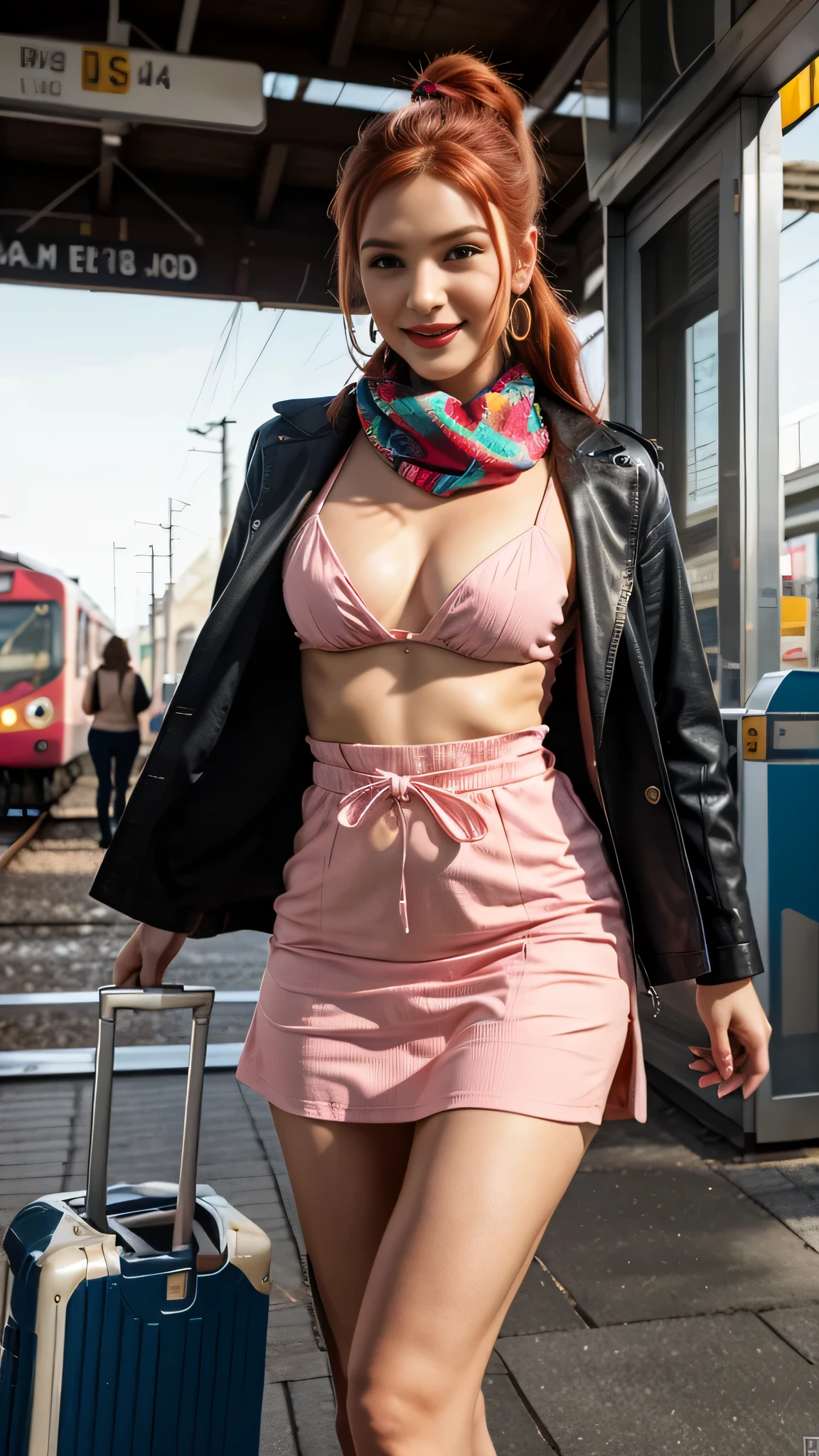 (RAW Photo), Absurdities, (Absurd Resolution)), (Maximum Quality, 16k, Masterpiece, Ultra Detailed, Hyperrealism), Vintage, (Beautiful girl, 21 years old, pin-up), (Perfect figure, slender, well-formed body, waving, very cheerful), (straight red hair, bright light, ponytail), (made-up, scarf), (patterned dress, mermelami pink, small chest), jewelry, earrings, travel suitcase, (background: train station), volumetric lighting, (Photographic Perspective). «SunPuma S»
