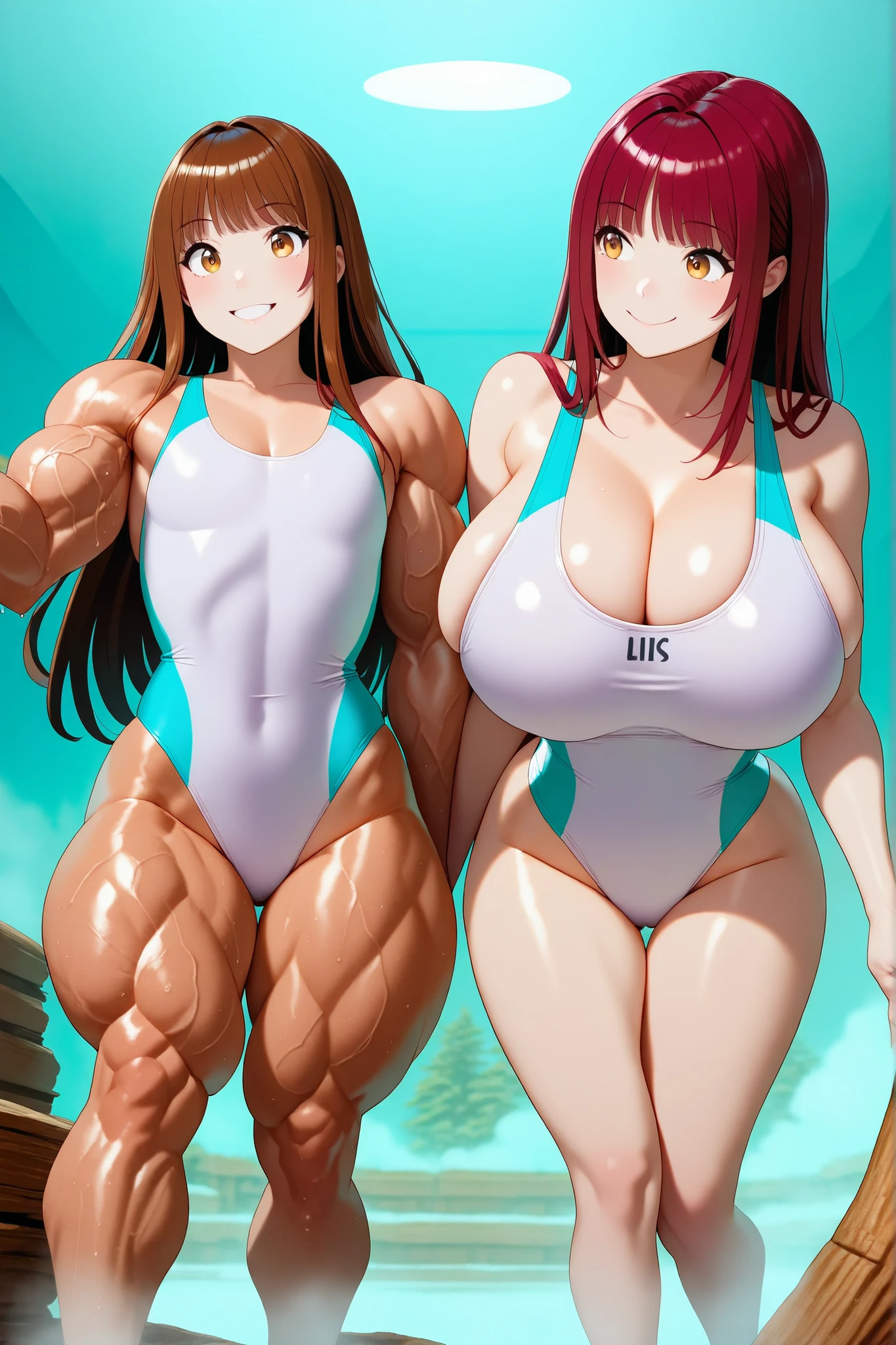 score_9, score_8_up , score_7_up , just describe what you want, tag1, tag2,official art, official style,anime capture, anime coloring, anime screenshot, game cg,illustration, (necömi style:1.5),(masterpiece:1.5),(most detailed:1.5), (high resolution:1.5), (best quality:1.5),(perfect anatomy:1.5), (4K:1.3),(2 girls:1.3),(dynamic posing:1.5),(Various poses:1.5) , (Lala is flat chest on the left:1.5),(Lily is on the right:1.5),(mizuno competition swimsuit:1.5), both have brown hair:1.5, brown eyes,beautiful girl:1.3,(Lala is flat chest:1.5 and flat chest and flat chest and barrel-shaped body and big body and cylindrical body and muscular and brawny and beefy and toned body : 1.4),
(Lily is a huge breasts and feminine soft body:2.0 and and boob and cleavage and feminine soft body and glamorous and voluptuous and with natural bangs: 1.6) ,( Japanese hot springs, sauna, Wooden chairs, dim lighting, steam, fog , sauna plants , Inside the log house ,White steam, white mist : 1.5 ),smile:1.3,(standing:1.5)
