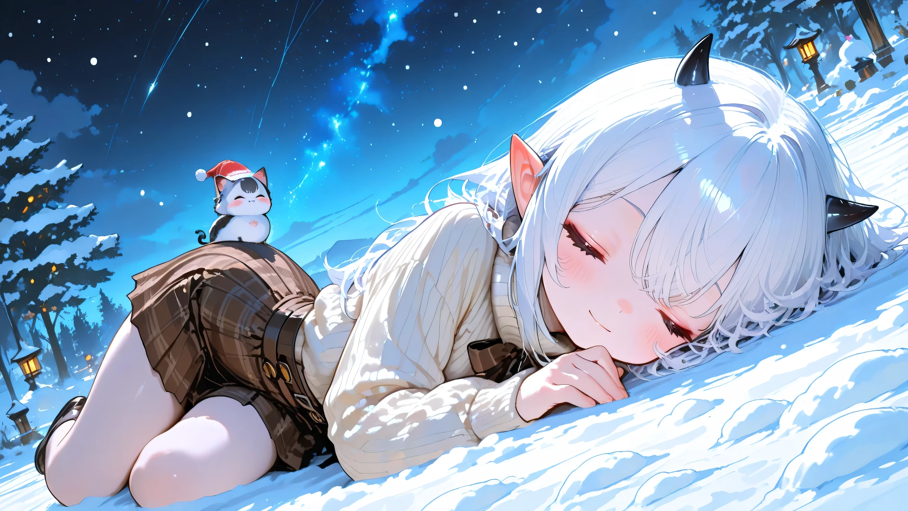 (masterpiece:1 . 2 , best quality) , (beautifully detailed eye: 1 . 2) , (beautiful detailed face) , portrait , full body , A silhouette of a Cute, girls、,  lying down, dynamic angle, Highest Quality, Watercolor Expression, Fantasy Life, Demon Girl, fitted deep V ribbed turtleneck sweater, stylish high-waisted Burberry pleated mini skirt in classic brown check,（ long hair , white hair ,  Small Horns and Pointed Ears, Eyes closed）, Snow Scene, night, night sky, outdoors, five fingers.