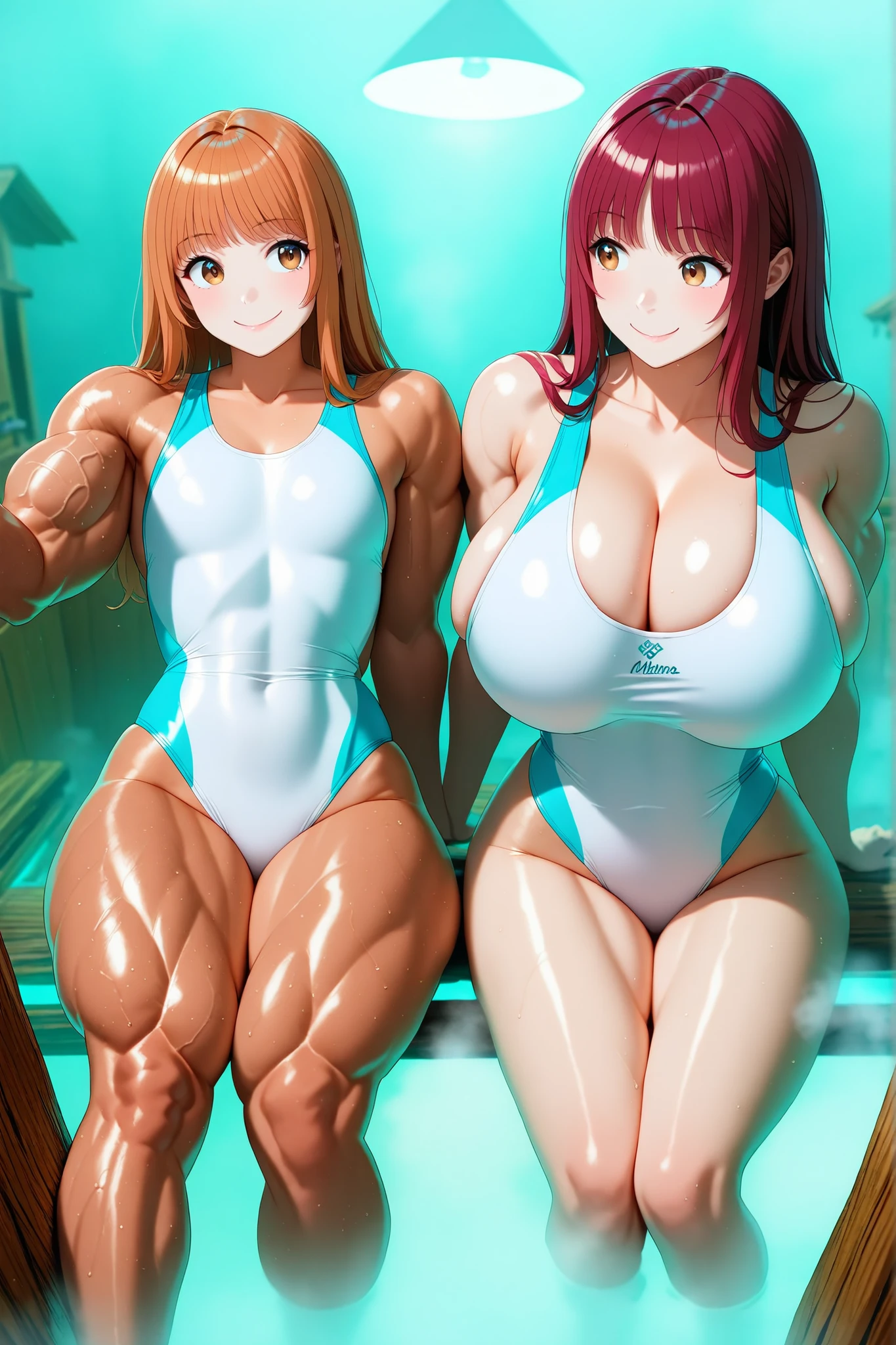 score_9, score_8_up , score_7_up , just describe what you want, tag1, tag2,official art, official style,anime capture, anime coloring, anime screenshot, game cg,illustration, (necömi style:1.5),(masterpiece:1.5),(most detailed:1.5), (high resolution:1.5), (best quality:1.5),(perfect anatomy:1.5), (4K:1.3),(2 girls:1.3),(dynamic posing:1.5),(Various poses:1.5) , (Lala is flat chest on the left:1.5),(Lily is on the right:1.5),(mizuno competition swimsuit:1.5), both have brown hair:1.5, brown eyes,beautiful girl:1.3,(Lala is flat chest:1.5 and flat chest and flat chest and barrel-shaped body and big body and cylindrical body and muscular and brawny and beefy and toned body : 1.4),
(Lily is a huge breasts and feminine soft body:2.0 and and boob and cleavage and feminine soft body and glamorous and voluptuous and with natural bangs: 1.6) ,( Japanese hot spa, sauna, Wooden chairs, dim lighting, steam, fog , sauna plants , Inside the log house ,White steam, white mist : 1.5 ),smile:1.3,(sitting, yokozuwari,in the hot spa:1.5)