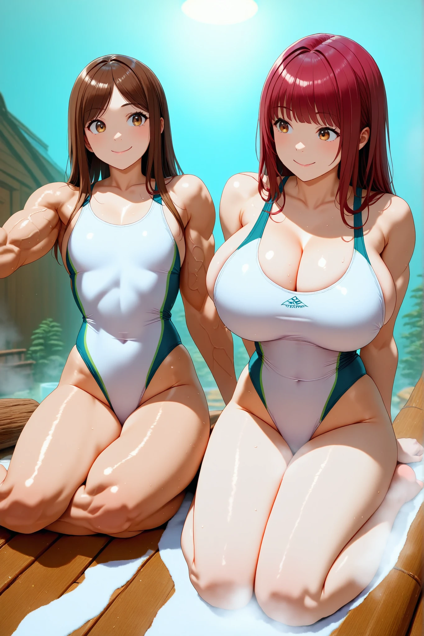 score_9, score_8_up , score_7_up , just describe what you want, tag1, tag2,official art, official style,anime capture, anime coloring, anime screenshot, game cg,illustration, (necömi style:1.5),(masterpiece:1.5),(most detailed:1.5), (high resolution:1.5), (best quality:1.5),(perfect anatomy:1.5), (4K:1.3),(2 girls:1.3),(dynamic posing:1.5),(Various poses:1.5) , (Lala is flat chest on the left:1.5),(Lily is on the right:1.5),(mizuno competition swimsuit:1.5), both have brown hair:1.5, brown eyes,beautiful girl:1.3,(Lala is flat chest:1.5 and flat chest and flat chest and barrel-shaped body and big body and cylindrical body and muscular and brawny and beefy and toned body : 1.4),
(Lily is a huge breasts and feminine soft body:2.0 and and boob and cleavage and feminine soft body and glamorous and voluptuous and with natural bangs: 1.6) ,( Japanese hot spa, sauna, Wooden chairs, dim lighting, steam, fog , sauna plants , Inside the log house ,White steam, white mist : 1.5 ),smile:1.3,(sitting, yokozuwari,in the hot spa:1.5)