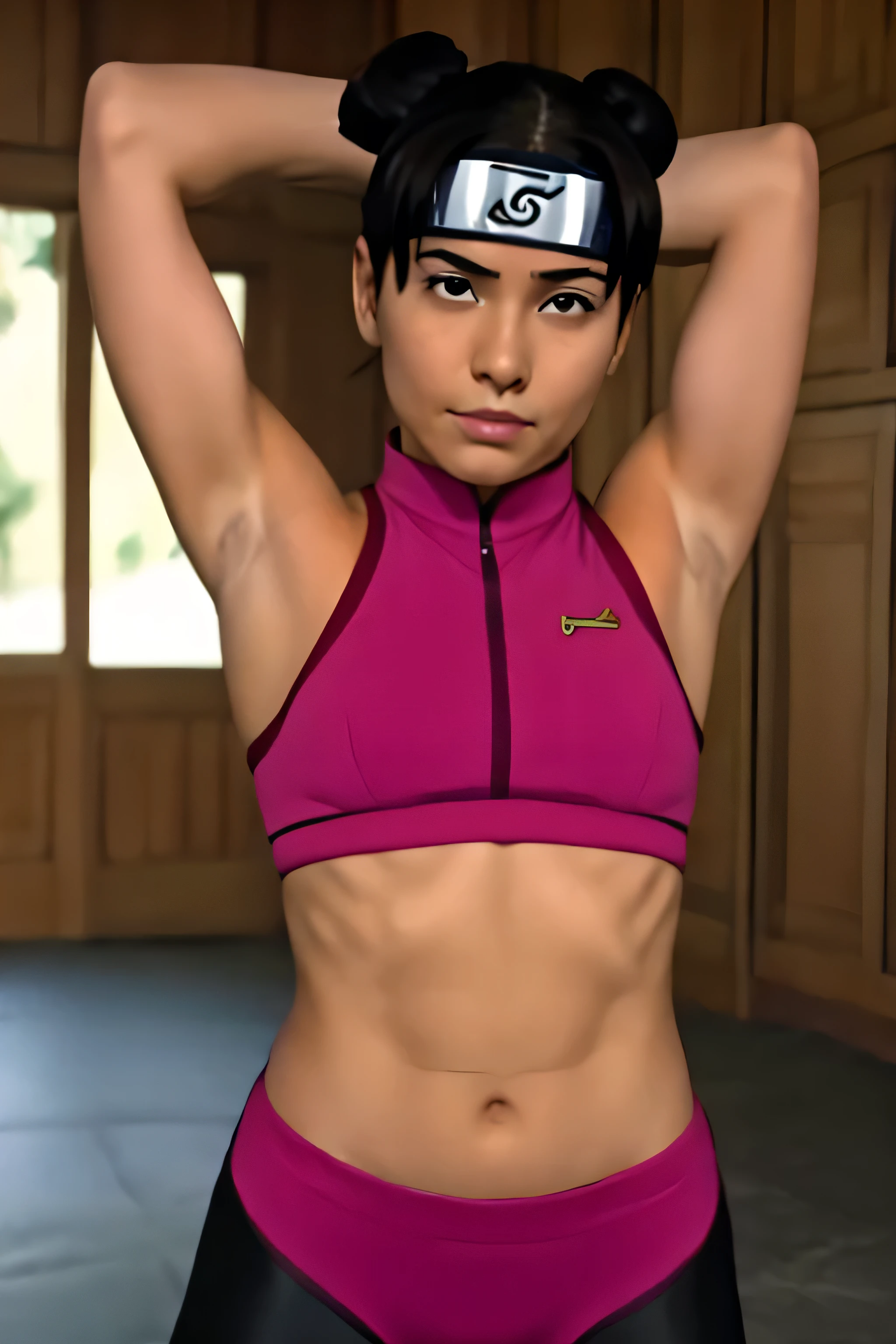 Tenten,human woman with fair skin and slight tan.with brown eyes and pink clothing. Her hair is long and brown in color; She is beautiful. Fair skin.Tsundere face. Pink eye shading,mature appearance,armpits,sweat,sweaty,sweaty armpits,arms up,showing armpits,awesome armpits,outfit,blackish red arm warmers,maroon arm bands,pink arm warmers,tongue, wearing black gloves
