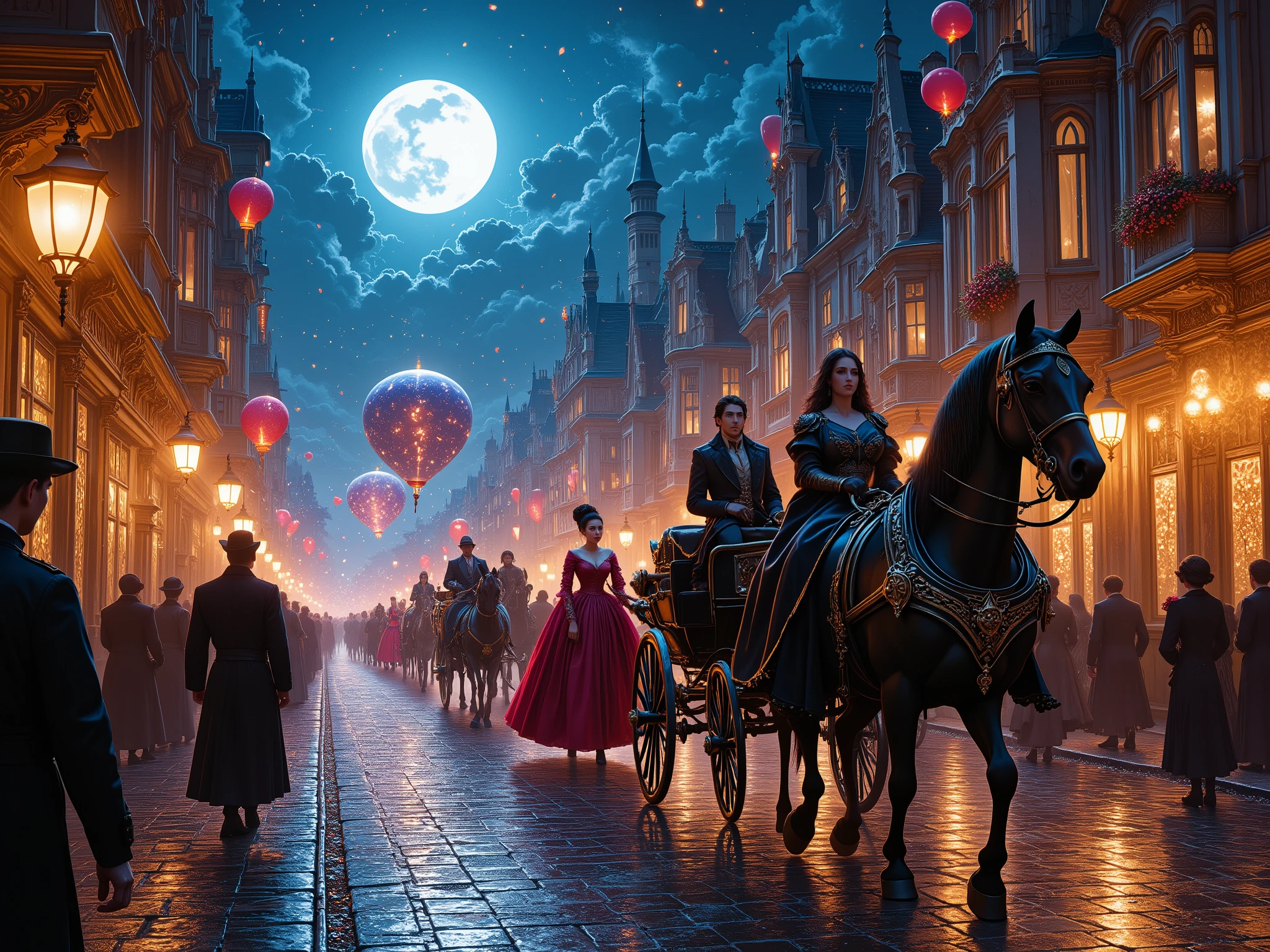 masterpiece, best quality, highres, anatomically correct, ultra-detailed, cinematic lighting,
a magnificent gothic-style parade in the illuminated castle town at night.
A line of elegant carriages drawn by black horses rolls slowly along the cobblestone street.
Beside them walk gentlemen in refined gothic suits and ladies in ornate gothic ball gowns, their clothing shimmering under colorful lanterns and fireworks.
The atmosphere is festive yet dignified — the moonlight, fireworks, and lantern glow reflect on the polished carriages and silver harnesses.
Confetti and balloon art drift through the air, enhancing the colorful and fantastical mood.
detailed architecture, reflections on wet stone streets, dynamic depth of field, luxurious composition, cinematic fantasy realism.