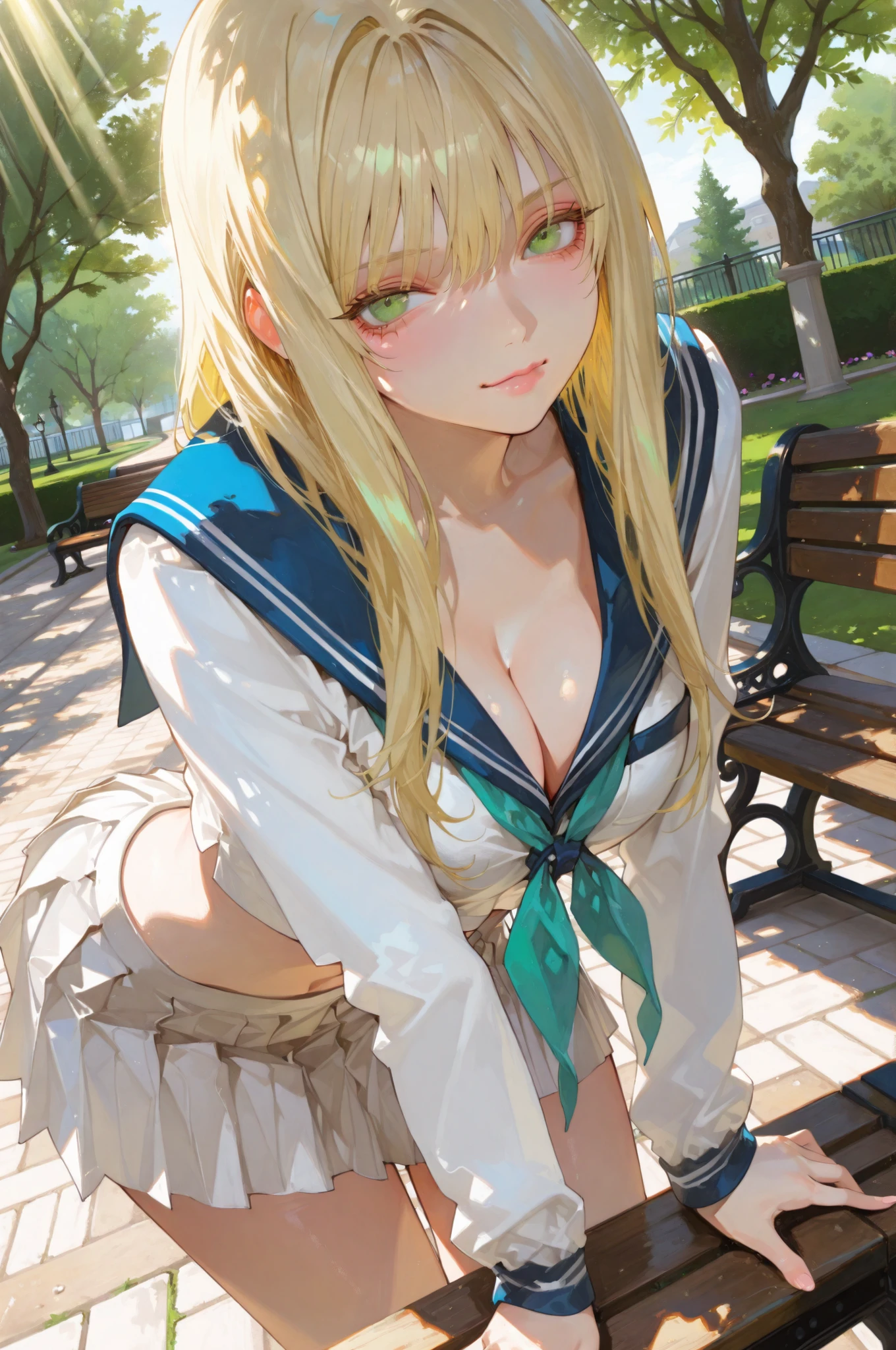 (masterpiece:1.5, ultra-detailed, in the style of Oh! Great, stylish manga illustration, perfect detailed 5 fingers, sharp and bold line art, expressive inking, semi-realistic anatomy, cinematic dutch angle composition, dynamic perspective, beautiful blonde-haired girl,large expressive eyes with a sidelong glance toward viewer, leaning forward slightly in a natural pose, long sleeve sailor jacket revealing a hint of midriff, pleated skirt fluttering, confident and calm expression, sunlight filtering through park trees, vivid rimlight outlining her golden hair, bright daytime lighting, detailed park background with green trees, paved path, and benches, realistic shadows on the ground, high contrast between light and shade, elegant and dynamic composition, modern Japanese illustration style, energy and serenity combined)(serious face,cleavage)