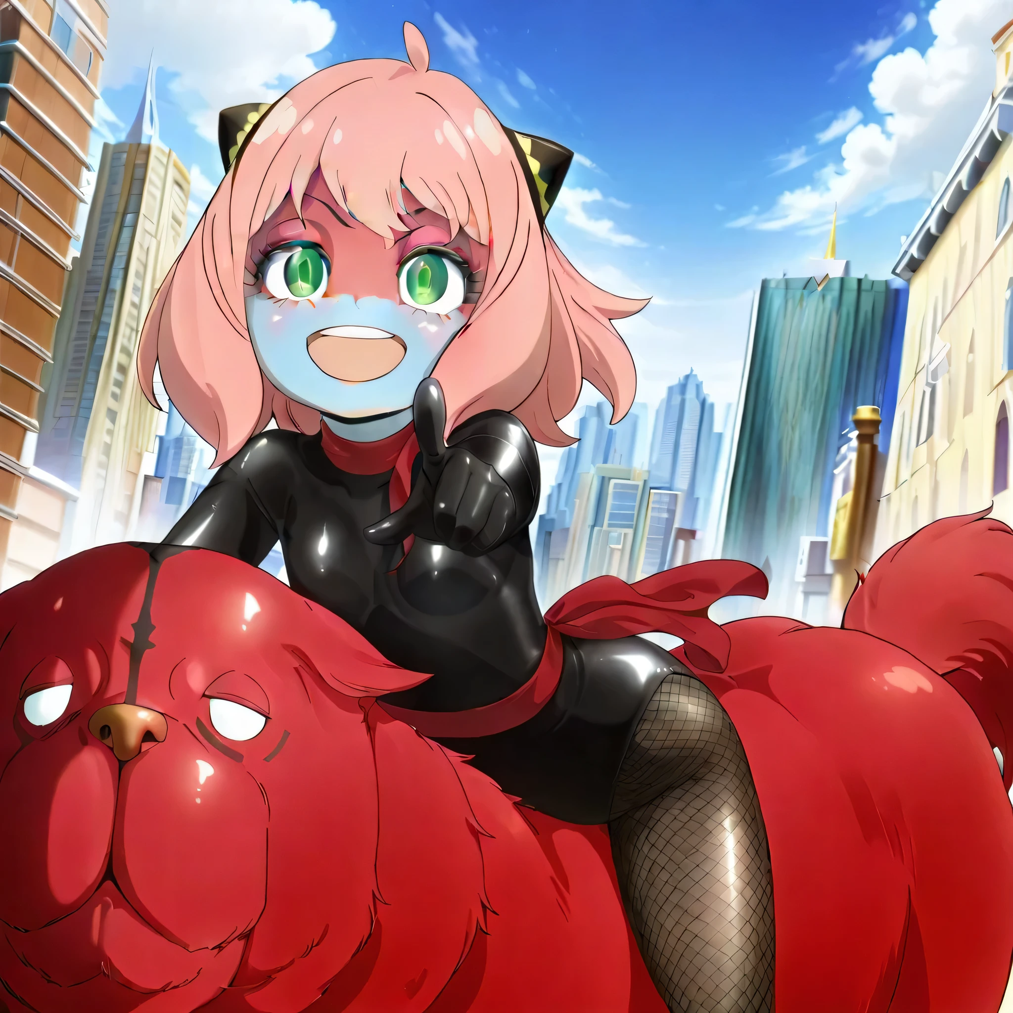 dark persona, shocker, colored skin, makeup, (((red skin))), Anya Forger (character), anya (spy x family), child, pink hair, medium_hair,