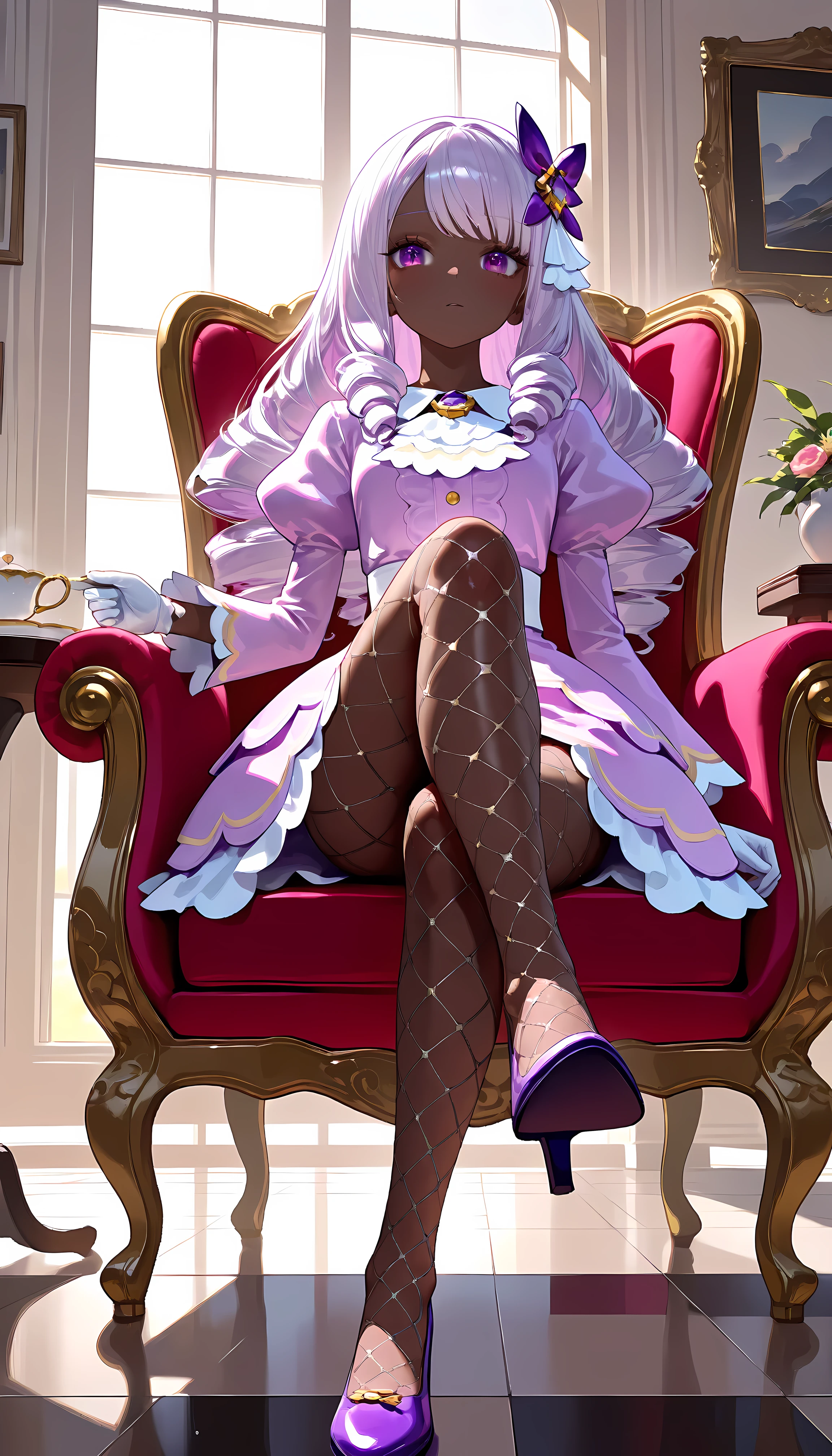 1girl, solo, Jacinthe,dark-skinned female, long sleeves, very dark skin, purple dress, puffy sleeves, purple eyes, white gloves, juliet sleeves, drill hair, long hair, hair ornament, purple hair, jewelry, pink dress, eyelashes, white ascot, fishnet pantyhose, indoors,sitting, crossed legs,foot focus,armchair, tea table, teacup, teapotmasterpiece,best quality,newest,highres,absurdres,very awa,shiny skin,(oiled),(WANKE:0.8),(artist:reoen:0.6),(artist:ningen_mame:0.9),(artist:sho_(sho_lwlw):0.6),(artist:rhasta:0.9),(artist:wlop:0.4),(artist:ke-ta:0.6),(tianliang duohe fangdongye:0.5),(hiten \(hitenkei\):0.6),(artist:onineko:0.7),
