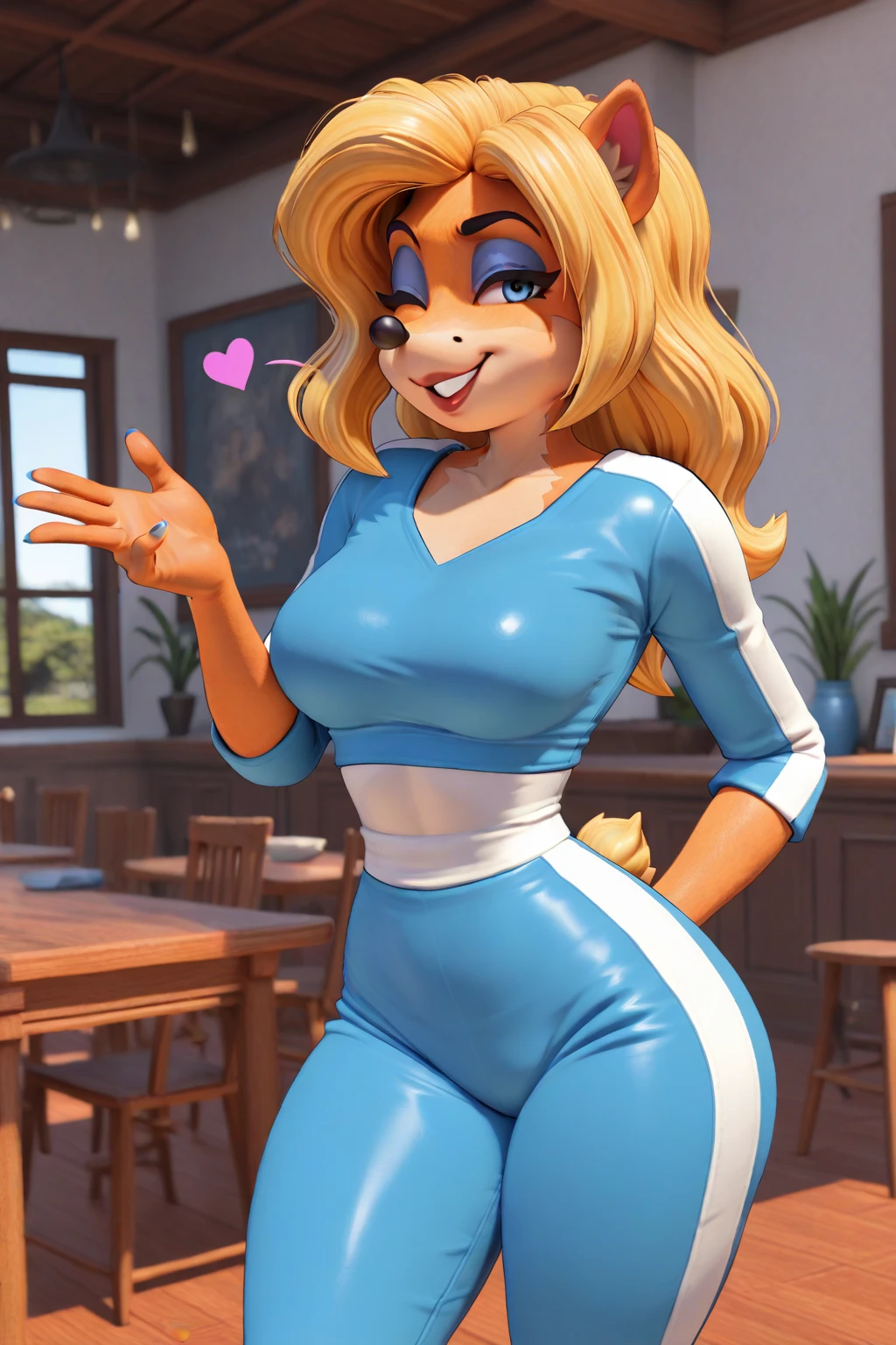 (master piece: 1.1), (chiku), wearing long tabard apron end in the hips, aultra-detailed, 2d style, sexy, woman, yellow skin, yellow hair, big thick, big breast, thick thighs, pink eyes, blushing, dynamic Pose, dynamic angle, lazy eyes, smiling, full body view, eyes at the viewer, pointing at the viewers, white background