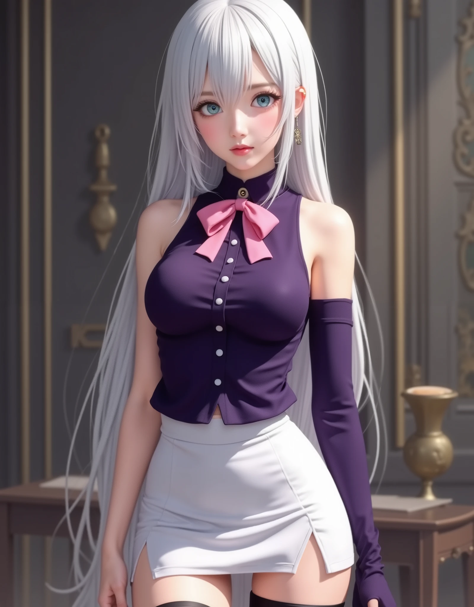 full-body portrait (hyperrealistic) by Elizabeth Liones Nanatsu no Taizai,(white hair),ultra-detailed eyes with ((heterochromia)) yellow gold and blue,emphasized bust,her outfit is a tight sleeveless dark purple shirt with its back exposed with white buttons,wears aa (pink bow tie),(perfect anatomy),He wears his ((bare shoulders)),su mano izquierda wears aa (tight purple sleeve) dark,that contrasts with her (naked right hand),she wears an asymmetric white miniskirt, revealing their legs,which are accented with a single black thigh-high stocking on his right leg,that contrast sharply with his bare left leg,wears a (white high-heeled shoe) on his right foot and a (black high-heeled shoe) on his left foot,(RAW photo),(photorealistic),(Masterpiece),(high quality),(definition 8k ),(ultra detailed),estilo hyperrealistic,fantasy background,cinematic lighting