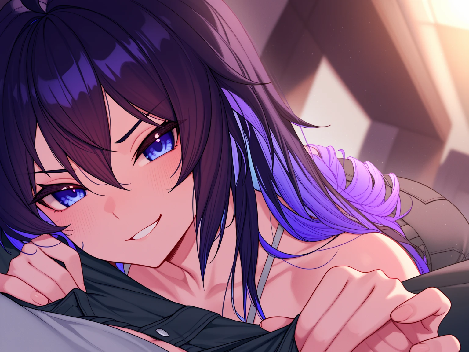 masterpiece, best quality, highres, detailed face, face focus, anime coloring, hitagisenjougahara, long hair, 1girl, blue eyes, , purple hair, hetero, 1boy, (,,:1.3),oral, solo focus, (pov:1.2), ((,  in Mouth)), (:1.3),, 