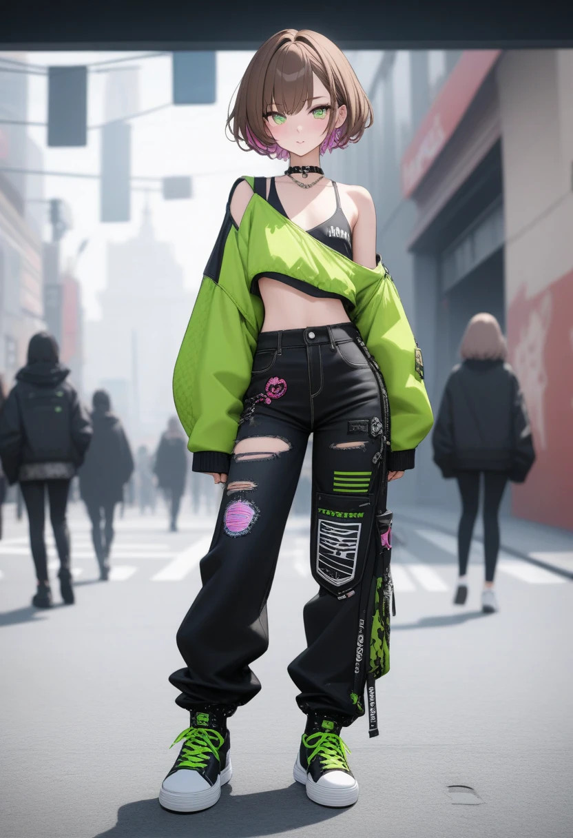 multiple views, pencil sketch, (sketch:1.25), (little girl,small breasts,), ((no shoes)), shy, best quality, graphite \\(medium\\), ske, gradient, rainbow, note, Line draft, highres, absurdres, (ultra-detailed:1.1), (illustration:1.1), (infographic:1.2), pajamas, (all clothes configuration:1.15), (solo), perfectly drawn hands, standing, cohesive background, paper, action, (character design:1.1), beltbra, corin, 1girl, ((dark skin)), short hair, green hair, bandaid on leg,