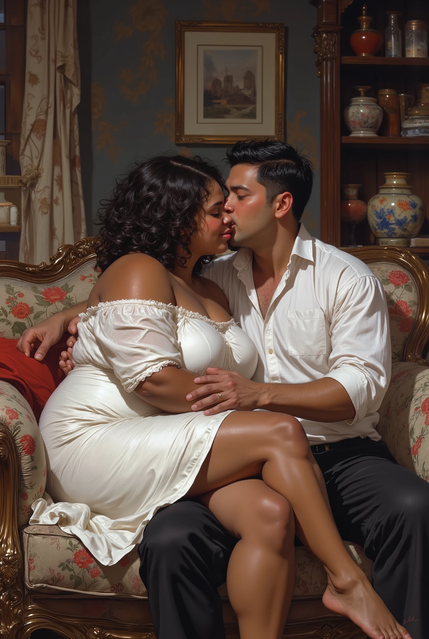 1 fat big large overweight heavy feminine beautiful young woman with dark brown tan tanned skin color and 1 masculine taller adult man with pale white skin, (((woman has medium black curly hair))), (((black hair))), (((woman with brown skin))), (((brown-skinned woman))), (((woman with dark brown skin))), (((brown skin complexion))), (((dark brown complexion))), (((tan skin))), (((sunkissed skin))), (((dark skin))), (((dark skinned))), (((chubby face))), (((chubby cheeks))), (((fat face))), (((round face))), (((broad face))), (((wide face))), (((chubby body))), (((plus size body))), (((overweight body))) (((small , small ))), (((short neck))), (((wearing white off-shoulder modern dress))), (((man and woman sitting on a couch in a living room with womans legs draped over the mans lap))), (((black eyes))), (((dark brown eyes))), (((dark eyes))), dynamic lighting, rosy lips, (((closed mouth))), (((closed lips))), full lips, (((big lips))), (((big round nose))), (((asian man with pale skin and slanted eyes and black short hair sitting on cough next to chubby woman with brown skin with her legs over his lap and his hand on her legs with man kissing womans cheek))), (((man wearing black pants and half-open button up white shirt))), woman and man smiling, detailed clothes, ornate design, (((upper body portrait))), upper body picture, looking at viewer, facing viewer, (((realistic))), highly detailed, masterpiece, absurdres, hq, 4k, 1girl, solo, wide hips,Attractive, ultra realistic, thick outlines, drawn, bright colors, detailed eyes, detailed hands, digital art style, Detailed face, attractive, dynamic pose, HD, good quality