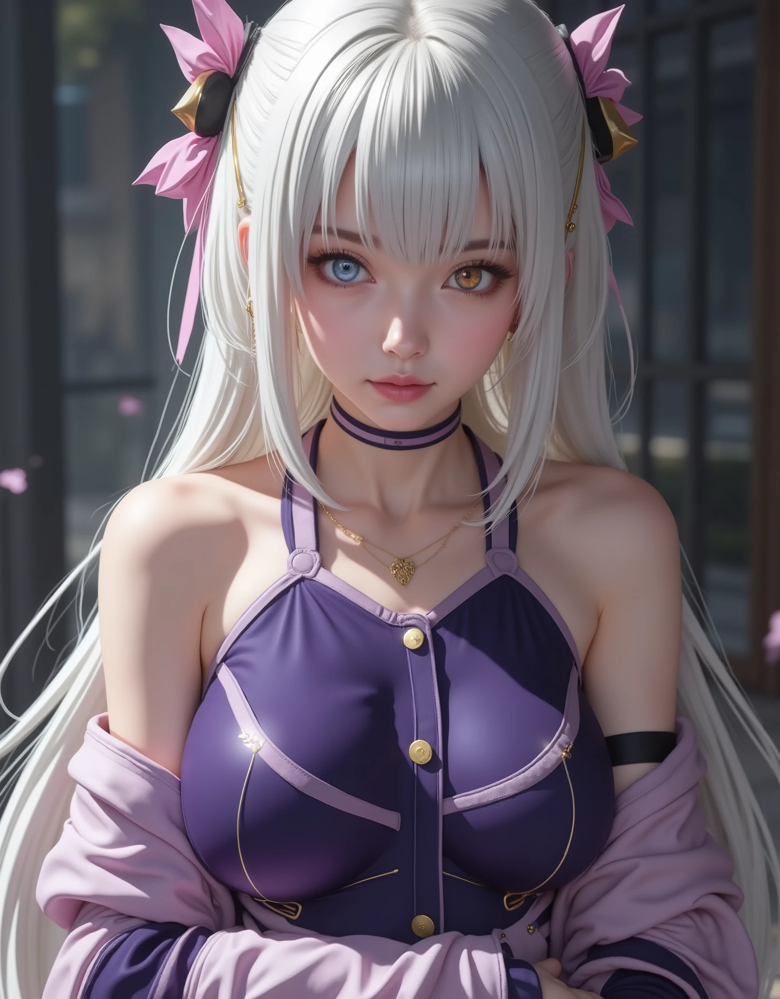 full-body portrait (hyperrealistic) by Elizabeth Liones Nanatsu no Taizai,white hair,ultra-detailed eyes with ((heterochromia)) yellow gold and blue,emphasized bust,su atuendo es una camisa sin mangas ajustada de color morado dark con botones en color blanco,wears aa corbata en forma de moño color rosa,(perfect anatomy),He wears his ((bare shoulders)),su mano izquierda wears aa (tight purple sleeve) dark,that contrasts with her (naked right hand),she wears an asymmetric white miniskirt, revealing their legs, which are accented with a single black thigh-high stocking on his right leg,that contrast sharply with his bare left leg,wears a (white shoe) on his right foot and one (color black) on his left foot,(RAW photo),(photorealistic),(Masterpiece),(high quality),(definition 8k ),(ultra detailed),estilo hyperrealistic,fantasy background, cinematic lighting