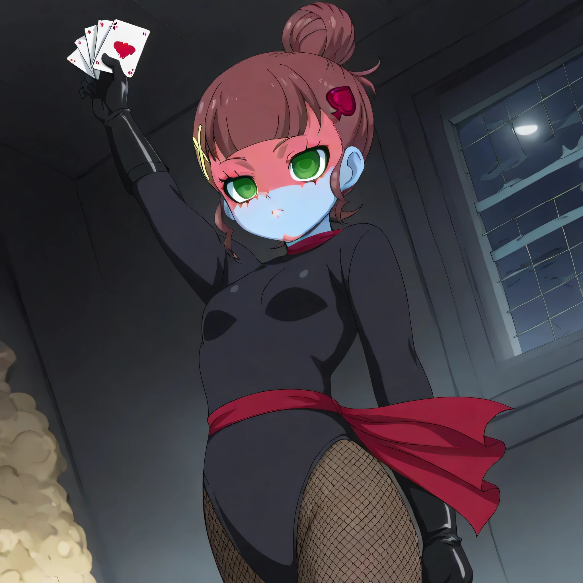 (((Masterpiece))), (((Best Quality))), ((Super Detail)), ultra-High resolution, score_9,score_8_up,score_7_up,score_6_up,score_5_up,score_4_up, BREAK, source_anime, anime screencap, uncensored, Masterpiece, (best shadow), (absurdres), (detailed background), (very aesthetic), detailed beautiful eyes, outstanding, an exquisite animation illustration, curvy, highres, shiny clothing, dark persona, empty eyes, blank eyes, shocker, black leotard, latex elbow gloves, brown fishnet pantyhose, blue skin, colored skin, red sash, makeup, red skin, (((solo, 1girl))), hair ornament, seductive pose, submissive pose, anime style, anime coloring, animification, megami magazine, sexy pose, dynamic angle, cinematic angle, dutch angle, dynamic composition, small breast, zzChonoHikari, green eyes, brown hair, heart, heart hair ornament, hairclip, hair bun, short hair, single hair bun, x hair ornament, dynamic pose, serious, serious expression, expressionless, emotionless, holding a card, cards, indoor, falling card, wind, windy, speed line, motion line, night, night scene, indoor, window, delicate features, soft lighting, warm lighting, moonlight, night scene, dark theme, horror theme, elegant pose, upper body, cowboy shot, hand up, arm up, fighting stance, action pose,