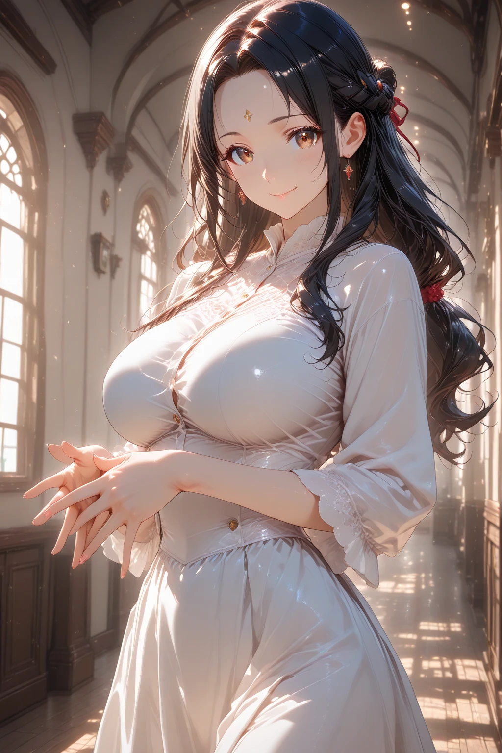 1 woman, beautiful white long braided hair, 29 years old, detailed facial features, elegant flowing dress, ?????????????, wide ????, standing in a natural idyllic setting, doves with olive branch, dramatic lighting, photorealistic, 8k, 4k, masterpiece,(perfect female body:1.2),(gorgeous detailed skin),(detailed hair),quality\(8k,wallpaper of extremely detailed CG unit, ​masterpiece,hight resolution,top-quality,top-quality real texture skin,hyper realisitic,increase the resolution,RAW photos,best qualtiy,highly detailed,the wallpaper,cinematic lighting,ray trace,golden ratio\)