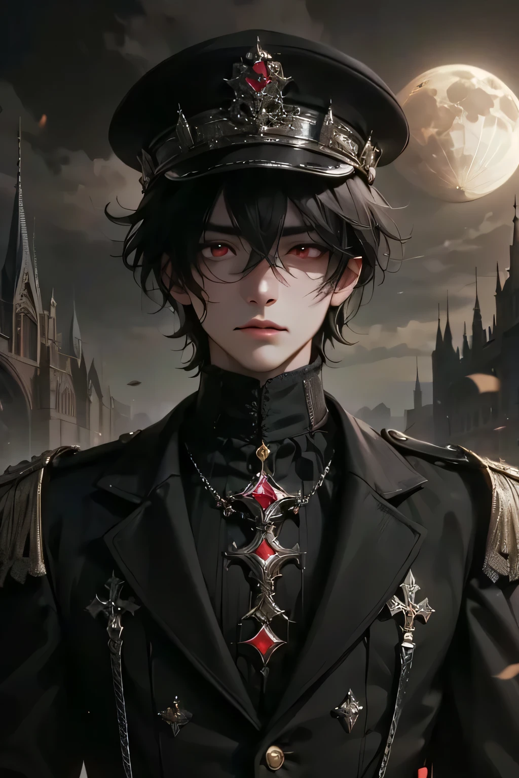 Masterpiece high resolution excellent ultra realistic ultra photographic quality extremely detailed ultra photographic, man , black hair, short wavy hair , Red Eyes , very detailed eyes , very outlined eyes , attractive face very detailed, thick eyebrow, military uniform black blazer, silver crown with ruby peaks, Above a dromedary , in a black parade with black confetti , in a dragonic city , Under the Golden Moon , small, very detailed face adorable face