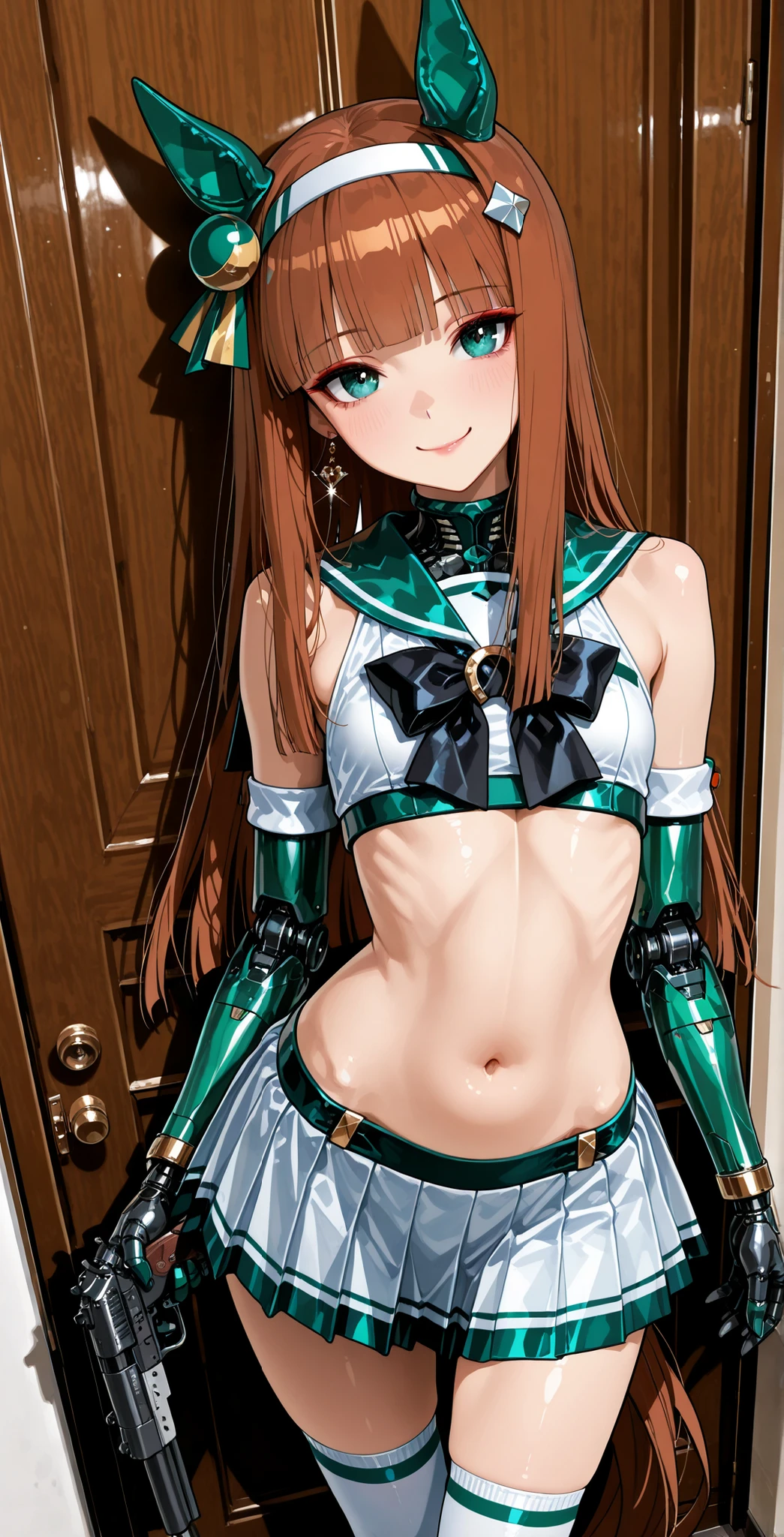 silence suzuka（Uma Musume）、Uma Musume、very long horse ears、、、The golden ratio, Proper Configuration, Smile Yan、Beautiful illustrations by, anatomically correct limbs, leaning against a closed door,  shion, Machine Girl, dark hair, X} cyber sailor suit, Sleeveless, sailor color, Cyber pleated skirt that splits skin, Cyber Knee High Socks,  long brown hair, green eyes,Fluttering Skirt、Sparkling Earrings、Panchira, flat chest, belly button visible, mechanical prosthesis, Rouge Lipstick,red charming lipstick、 makeup,  gun,  I applied the anatomically accurate five-finger monster, mature, standing, 1 beautiful Japanese woman, (masterpiece, details:1.2), maoriX, score_9, score_8_up, score_7_up, score_6_up, score_5_up, brown hair long hair、brown hair, smooth, long hair, super quality, 8k, Tight Waist,Micro Bust、Slender Body、Underdeveloped Breasts、very very very small small breasts（small tits：0.01） slender body, detailseyes, Polite green Iris, Clear Green Eyes, High Fine, Anatomically Correct Ratio :1.331, upper body angle, details face, The viewer looks up at her, Smile Yan、満面のSmile Yan、Loves You