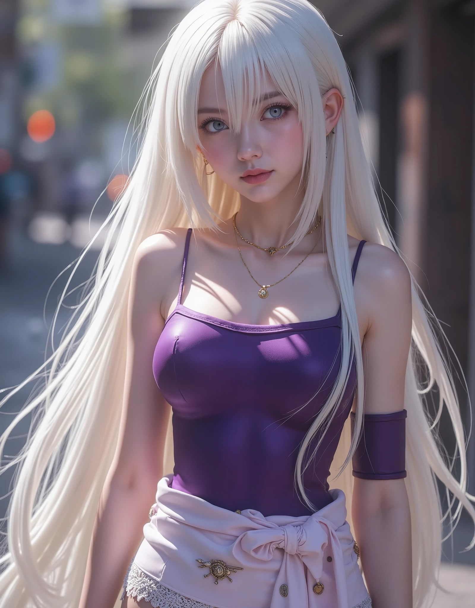 full-body portrait (hyperrealistic) by Elizabeth Liones Nanatsu no Taizai,white hair,ultra-detailed eyes with ((heterochromia)) yellow gold and blue,emphasized bust,su atuendo es una camisa sin mangas ajustada de color morado dark con botones en color blanco,wears aa corbata en forma de moño color rosa,(perfect anatomy),He wears his ((bare shoulders)),su mano izquierda wears aa (tight purple sleeve) dark,that contrasts with her (naked right hand),she wears an asymmetric white miniskirt,revealing their legs,which are accented with a single black thigh-high stocking on his right leg,that contrast sharply with his bare left leg,wears a (white shoe) on his right foot and one (color black) on his left foot,(RAW photo),(photorealistic),(hyperrealistic),(Masterpiece),(high quality),(definition 8k ),(ultra detailed),(resolución absoluta),(exquisite details),(hdr),estilo hyperrealistic,iridescent effects,background with heavenly atmosphere,cinematic lighting,dynamic contrast of light and shadow