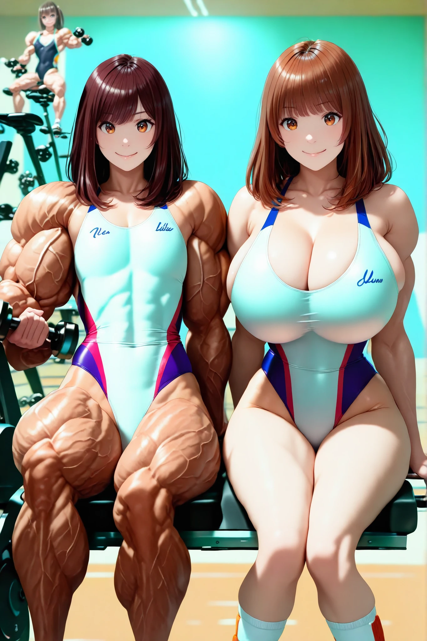 score_9, score_8_up , score_7_up , just describe what you want, tag1, tag2,official art, official style,anime capture, anime coloring, anime screenshot, game cg,illustration, (necömi style:1.5),(masterpiece:1.5),(most detailed:1.5), (high resolution:1.5), (best quality:1.5),(perfect anatomy:1.5), (4K:1.3),(2 girls:1.3),(dynamic posing:1.5),(Various poses:1.5) , (Lala is flat chest on the left:1.5),(Lily is curvy on the right:1.5),(mizuno competition swimsuit:1.5), both have brown hair:1.5, brown eyes,beautiful girl:1.3,(Lala is flat chest:1.5 and flat chest and flat chest and barrel-shaped body and big body and cylindrical body and muscular and brawny and beefy and toned body : 1.5),
(Lily is a huge breasts and boob and cleavage and glamorous and voluptuous and medium hair with natural bangs: 1.5) ,( Gymnasium, treadmill, dumbbells, barbells, upright bike, rowing machine : 1.5 ),smile:1.3,(sitting, open legs:1.5 , strength training :1.5)