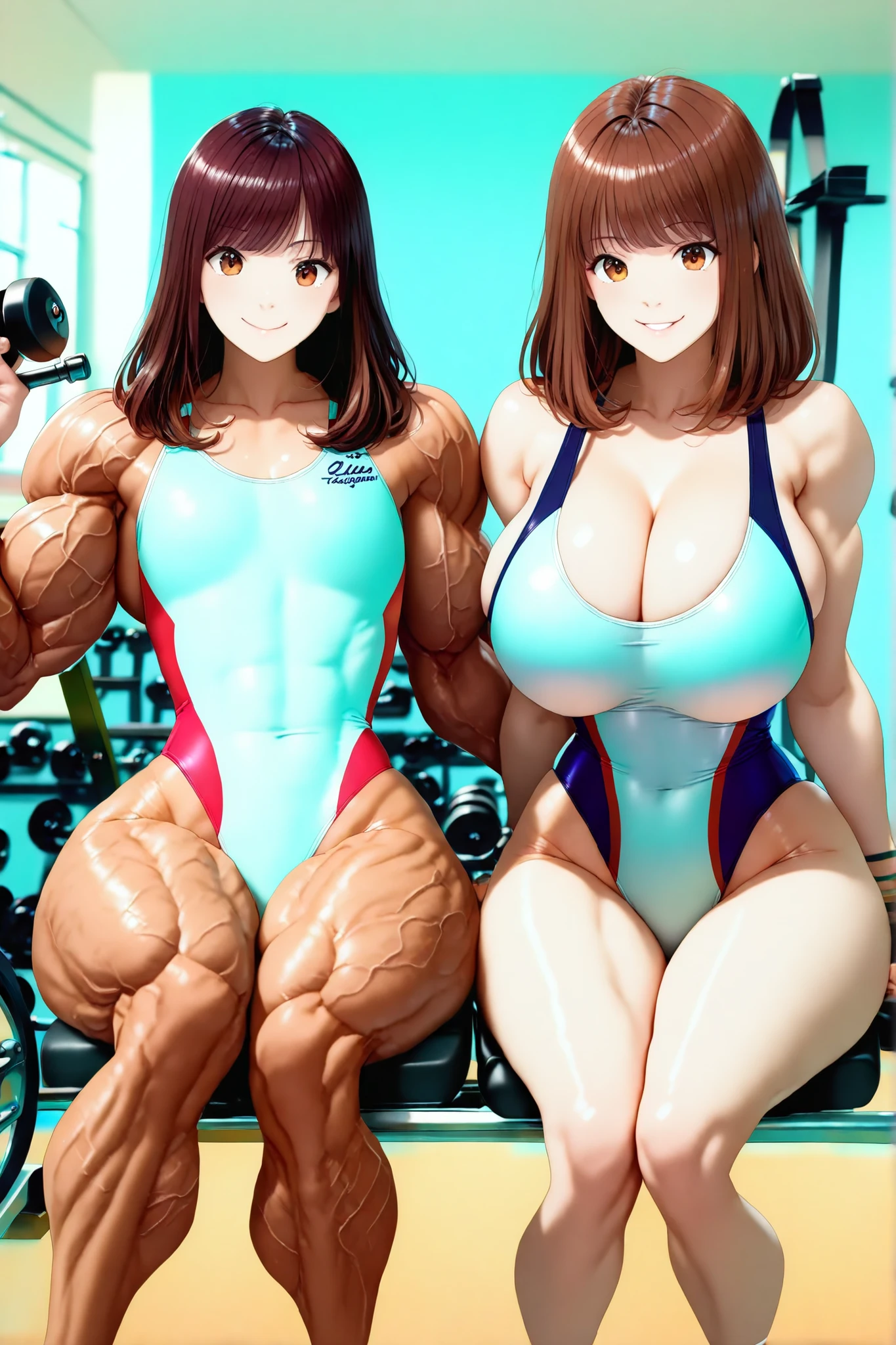 score_9, score_8_up , score_7_up , just describe what you want, tag1, tag2,official art, official style,anime capture, anime coloring, anime screenshot, game cg,illustration,         (necömi style:1.5),(masterpiece:1.5),(most detailed:1.5), (high resolution:1.5), (best quality:1.5),(perfect :1.5), (4K:1.3),(2 girls:1.3),(dynamic posing:1.5),(Various poses:1.5)  ,         (Lala is flat  on the left:1.5),(Lily is curvy on the right:1.5),(mizuno competition swimsuit:1.5), both have brown hair:1.5, brown eyes,beautiful girl:1.3,(Lala is flat :1.5 and flat  and flat  and barrel-shaped body and big body and cylindrical body and muscular and brawny and beefy and toned body : 1.5),
(Lily is a  and boob and cleavage and glamorous and voluptuous and medium hair with natural bangs: 1.5)           ,(　   Gymnasium, treadmill, dumbbells, barbells, upright bike, rowing machine　　 : 1.5　　　),smile:1.3,(sitting, :1.5 , dumbbells strength training  :1.5)