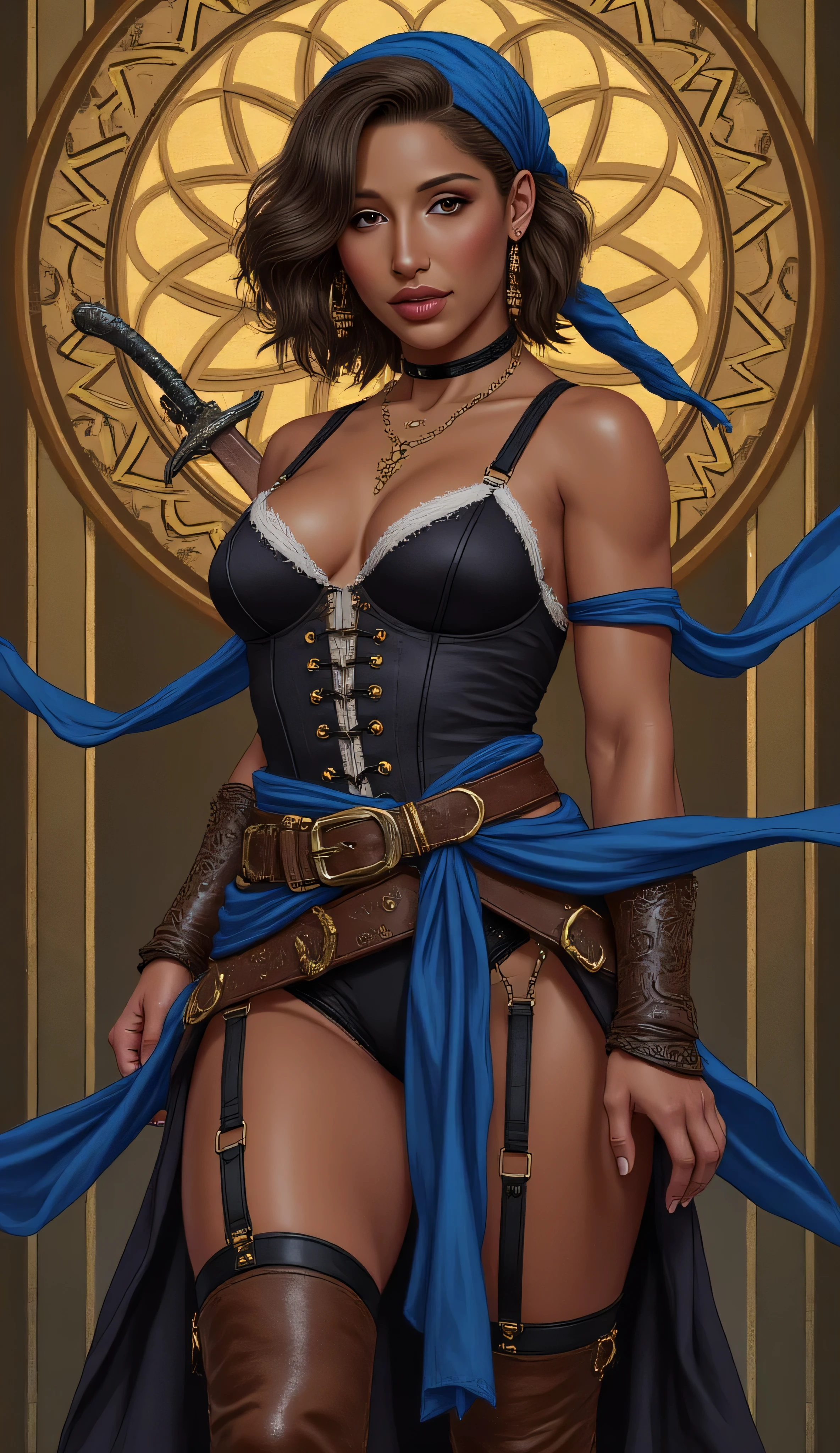 Abella Danger as Isabela, Dragon Age, confident, dark-skinned pirate, short wavy black hair, golden eyes, wearing a blue headscarf, ornate jewelry, golden earrings, dressed in a black corset with white trim, blue sash with gold beads, leather arm guards with engraved patterns, tigh high leather pirate boots, holds a curved dagger with a gold hilt, standing proudly against a golden patterned background, mystical geometric lines, fantasy semi-realistic style, rich colors, detailed textures, warm lighting, elegant composition, and dynamic flowing blue fabric ribbons around her