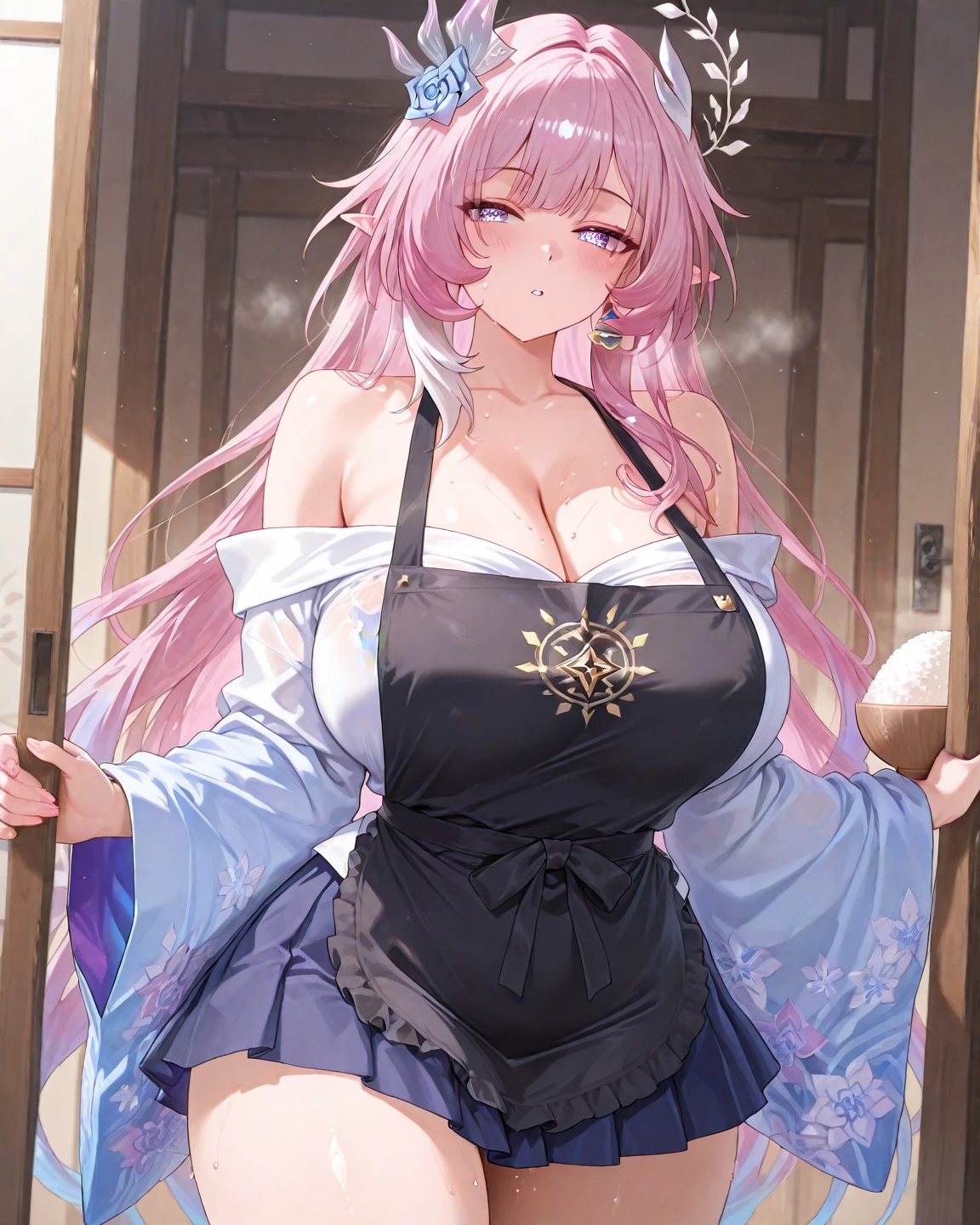 Official art, masutepiece, Sharp Focus, (Beautiful gorgeous and lovely korean woman: 1.3), (Beautiful and nice Koreans: 1.3), Korean Beauty, Delicate and beautiful hair eyes and face, Realistic, super detailed, Beautiful Girl, Blue sky, Bright white particles, (side lights:1.2), Sunlight, white clouds, Fine clouds, slim, Cute Big, Big , grin, ((Eyes open when you laugh)), landscape, Long straight hair,  expression, Buildings, (City view: 1.7), Dynamic Hair, Long straight hair, Delicate platinum-pink hair, shiny blue eyes, (Blue pleated shirt + White Dress), White stockings, pale skin, Hair dotted with magnificent landscapes, Big  Cleavage Big  Big  Big Tups