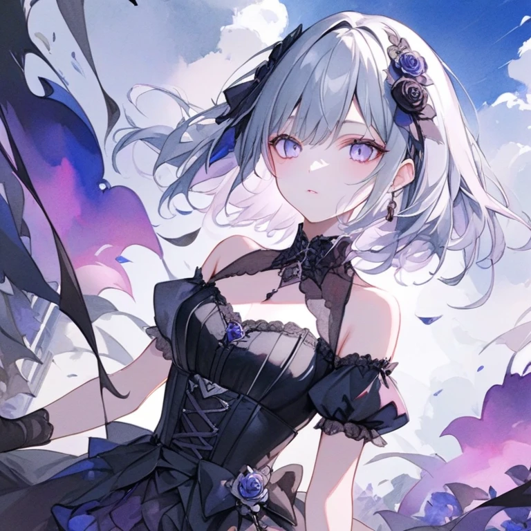 girl,full body,(detailed face:1.2), Masterpiece, fashion,black dress,, medium hair, light pink purple hair, purple pink eyes,มีปีกbat,white background,Vtuber,Full HD,bat,Long hair braided in the back,Shoulder length  hair,purple highlighted hair color,There is a black choker on the neck..,full body,soft smile,ชุดมีลายดาวสีเหลืองและลายเงาbat.,ปีกbatสีดำทึบติดอยู่ที่ศีรษะทั้งซ้ายและขวา,มีพลังเป็นค้างความสีม่วง