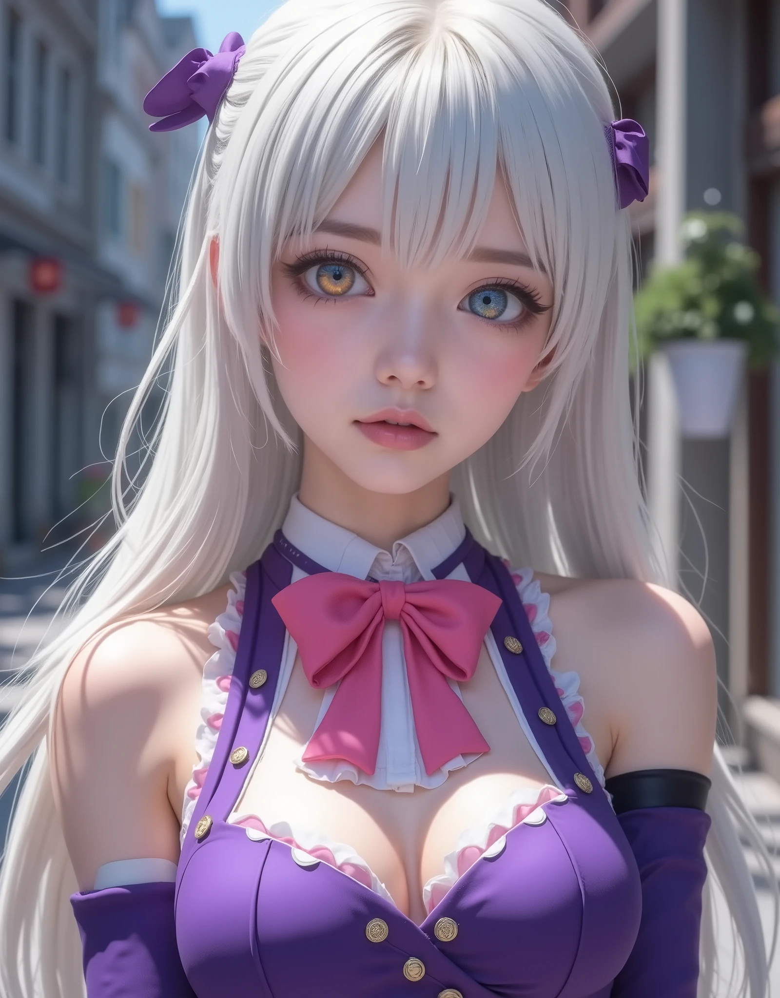 full-body portrait (hyperrealistic) by Elizabeth Liones Nanatsu no Taizai,white hair,ultra-detailed eyes with ((heterochromia)) yellow gold and blue,emphasized bust,su atuendo es una camisa sin mangas ajustada de color morado dark con botones en color blanco,wears aa (pink bow tie),(perfect anatomy),He wears his ((bare shoulders)),su mano izquierda wears aa (tight purple sleeve) dark,that contrasts with her (naked right hand),she wears an asymmetric white miniskirt,revealing their legs,which are accented with a single black thigh-high stocking on his right leg,that contrast sharply with his bare left leg,wears a (white shoe) on his right foot and one (color black) on his left foot,(RAW photo),(photorealistic),(hyperrealistic),(Masterpiece),(high quality),(definition 8k ),(ultra detailed),(resolución absoluta),(exquisite details),(hdr),estilo hyperrealistic,iridescent effects,background with heavenly atmosphere,cinematic lighting,dynamic contrast of light and shadow
