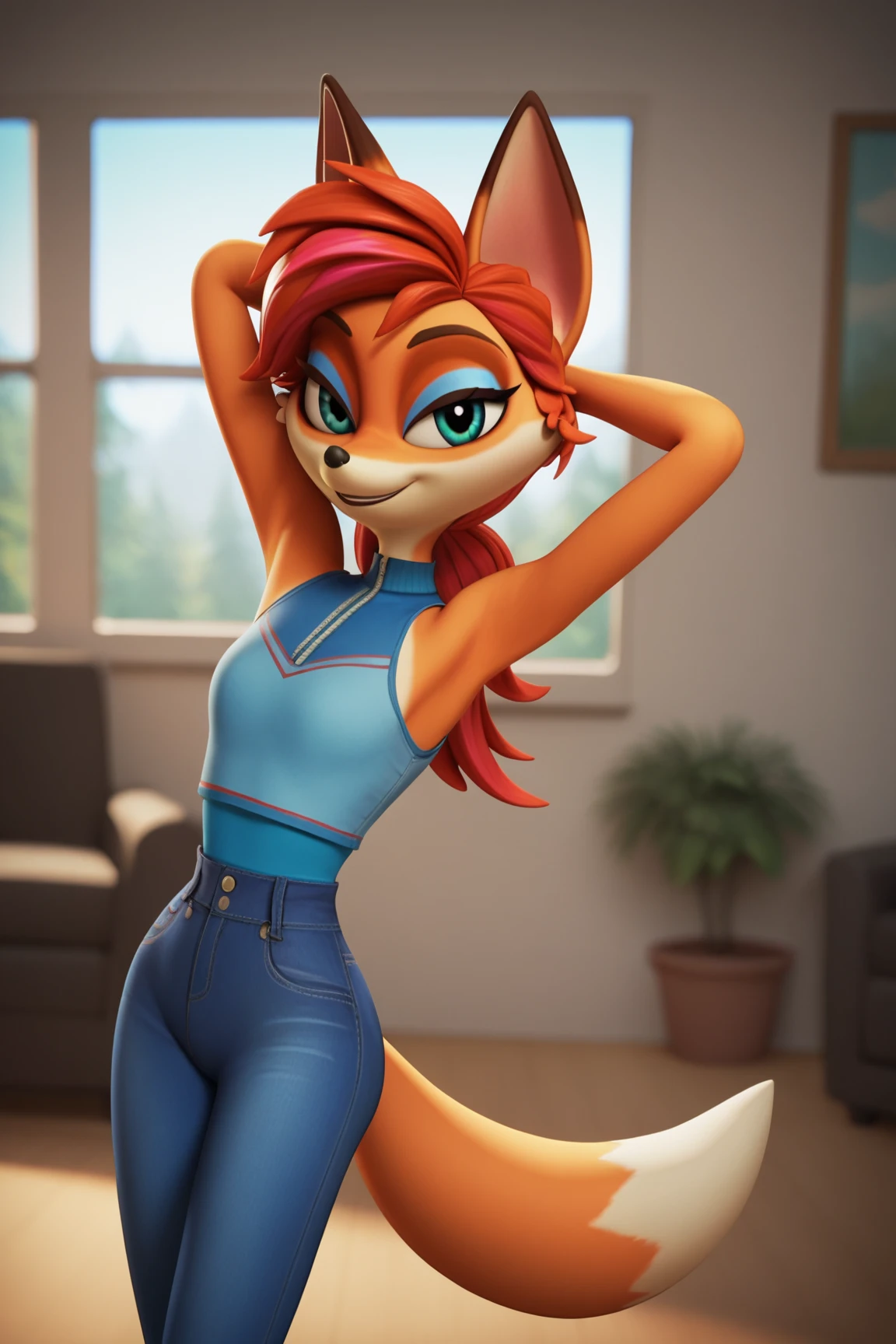 furry female, green eyes, black pants, short hair, sleeveless shirt, red hair, bangs, orange fur, blue eyes, fox mobian, toned, white shirt, black pants