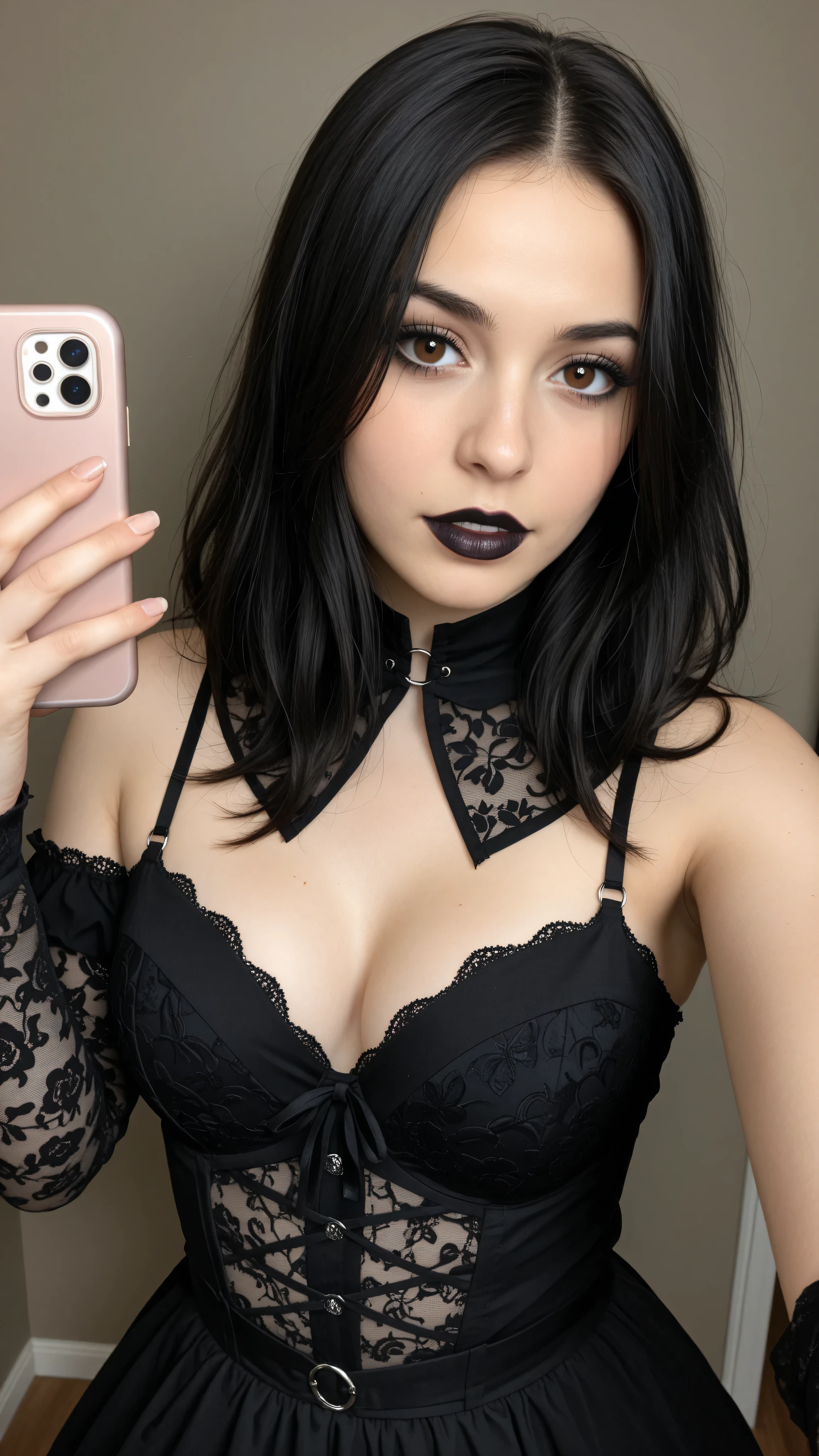 beautiful black-haired girl with brown eyes and shoulder-length hair, gothic makeup, black clothes, highest quality 8k cinematic image, Taking a selfie 