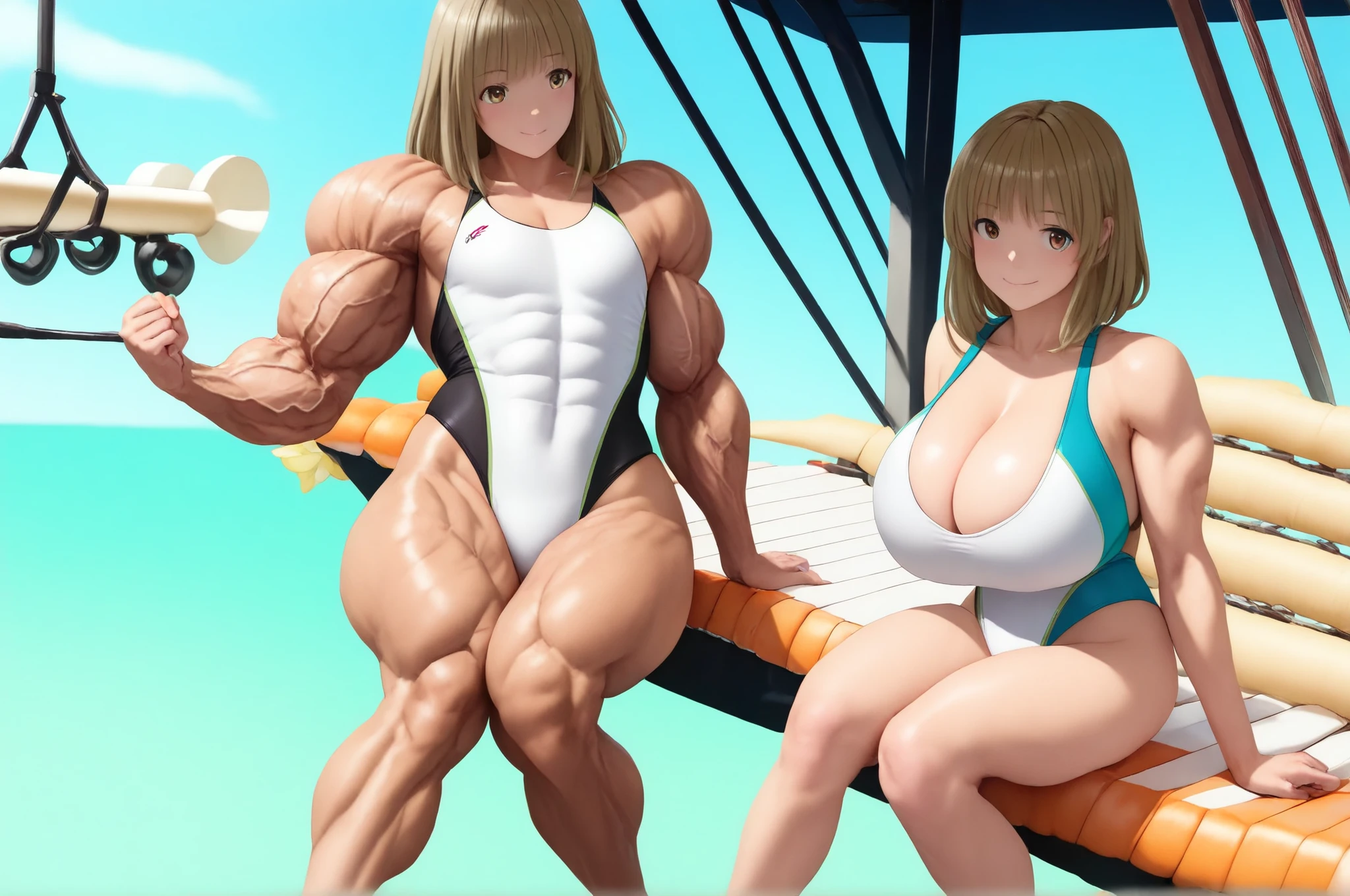 score_9, score_8_up , score_7_up , just describe what you want, tag1, tag2,official art, official style,anime capture, anime coloring, anime screenshot, game cg,illustration, (necömi style:1.5),(masterpiece:1.5),(most detailed:1.5), (high resolution:1.5), (best quality:1.5),(perfect :1.5), (4K:1.3),(2 girls:1.3),(dynamic posing:1.5),(Various poses:1.5) , (Lala is flat on the left:1.5),(Lily is curvy on the right:1.5),(mizuno competition swimsuit:1.5), both have brown hair:1.5, brown eyes,beautiful girl:1.3,(Lala is flat :1.5 and flat and flat and barrel-shaped body and big body and cylindrical body and muscular and brawny and beefy and toned body : 1.5),
(Lily is a and boob and cleavage and glamorous and voluptuous and medium hair with natural bangs: 1.5) ,( Gymnasium : 1.5 ),smile:1.3,(strength training :1.5),( Huge breasted babe Lily watches muscular Lala train with gusto :1.5 )