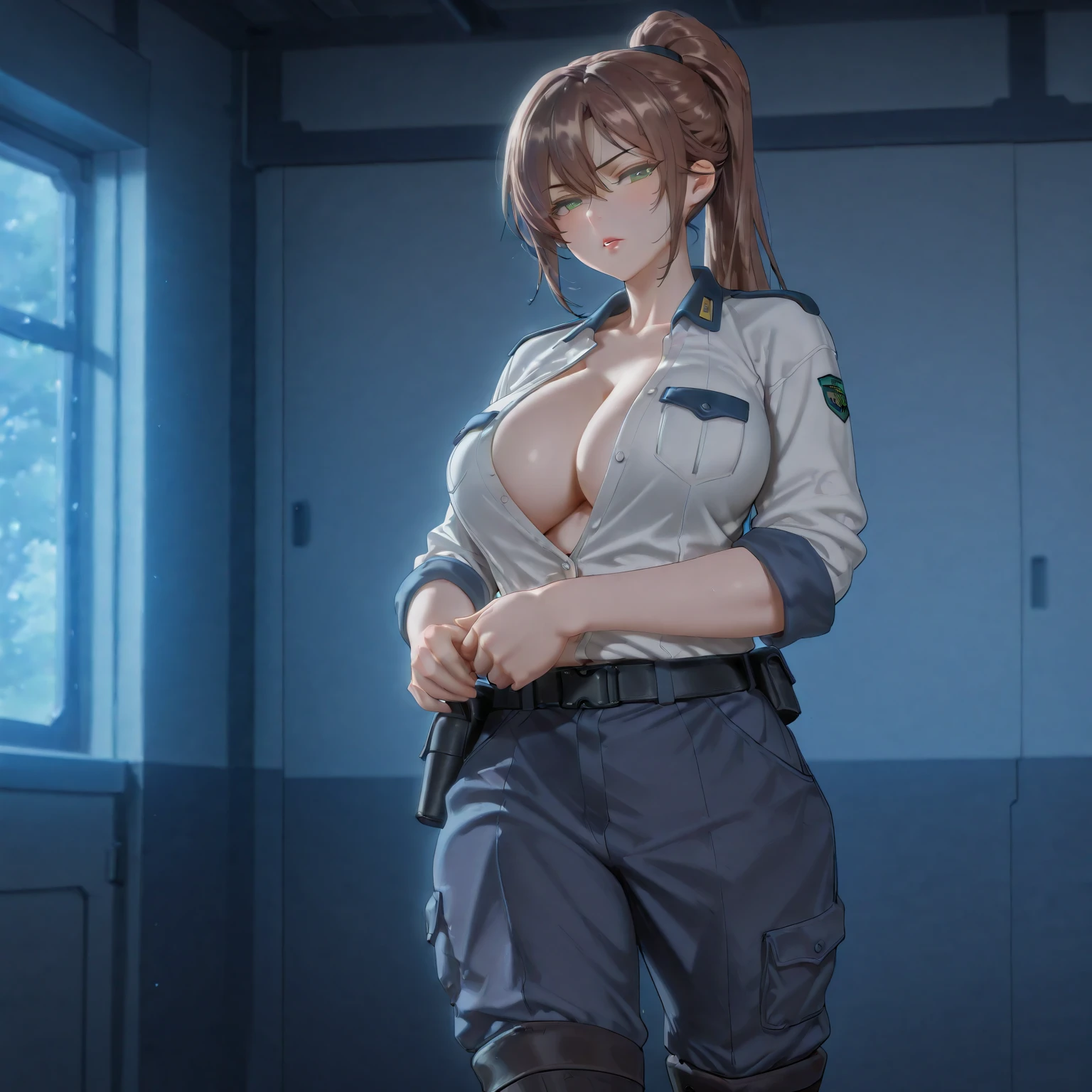 Imperial Guard Combat Uniform Swimsuit, o-ring bikini, v gundam, swimsuit, absurdres, highres, solo, cowboy shot, 1girl, neneka nibrou \(cosplay\), wristband, headphone, holster, backpack, holding gun, aiming, perfect hands, wind, (highres,best_quality,masterpiece), large breast, huge breast, srw_olive, brown hair brown eyes, (side ponytail), hair clip, swept bangs, smile, multicolored hair