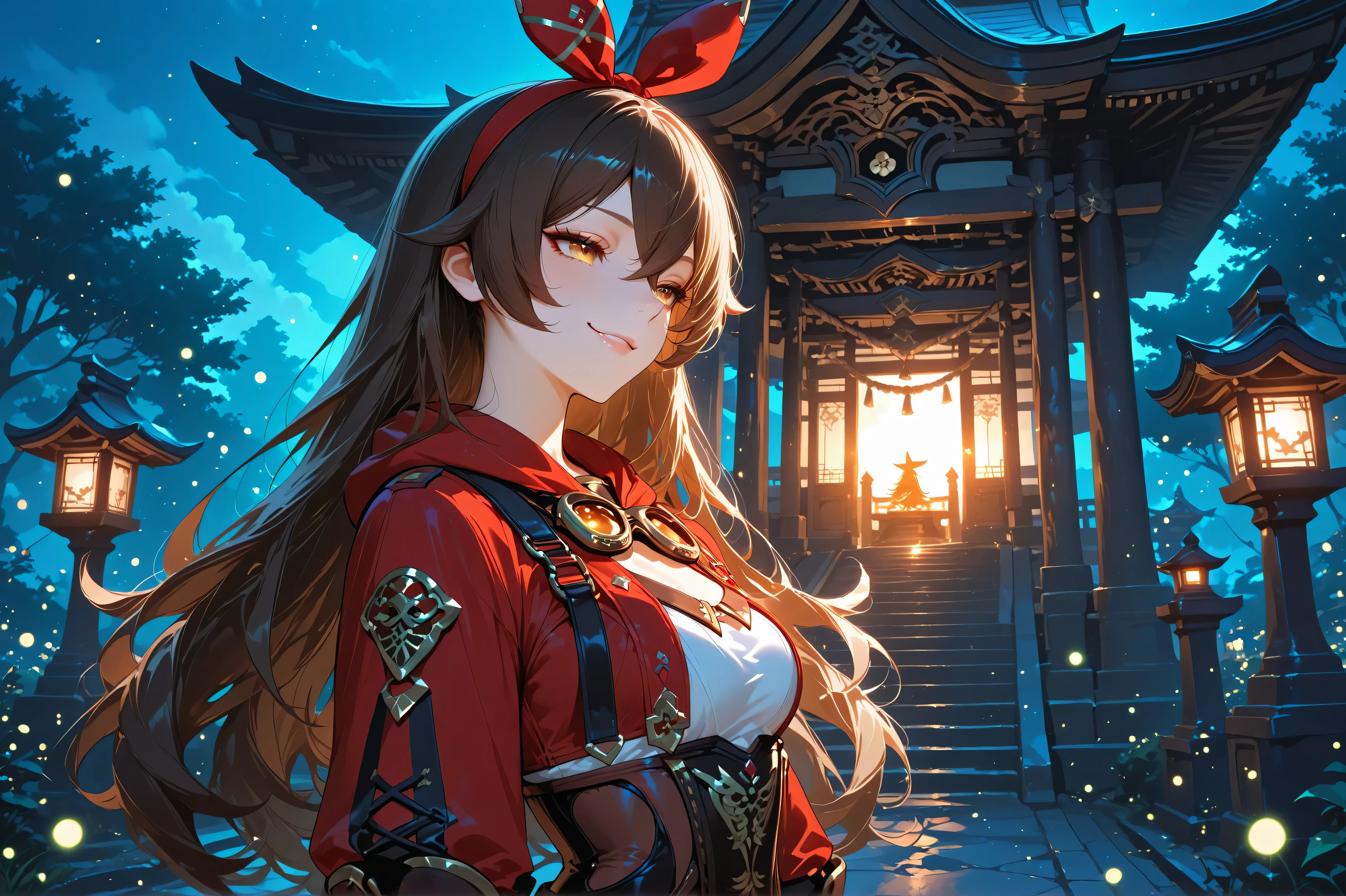 Amber, genshin impact, artistic, cinematic, off-centered, glow, dramatic lighting, smirk, shrine gate, hip, makoto shinkai style, fireflies, whimsical, dreamy