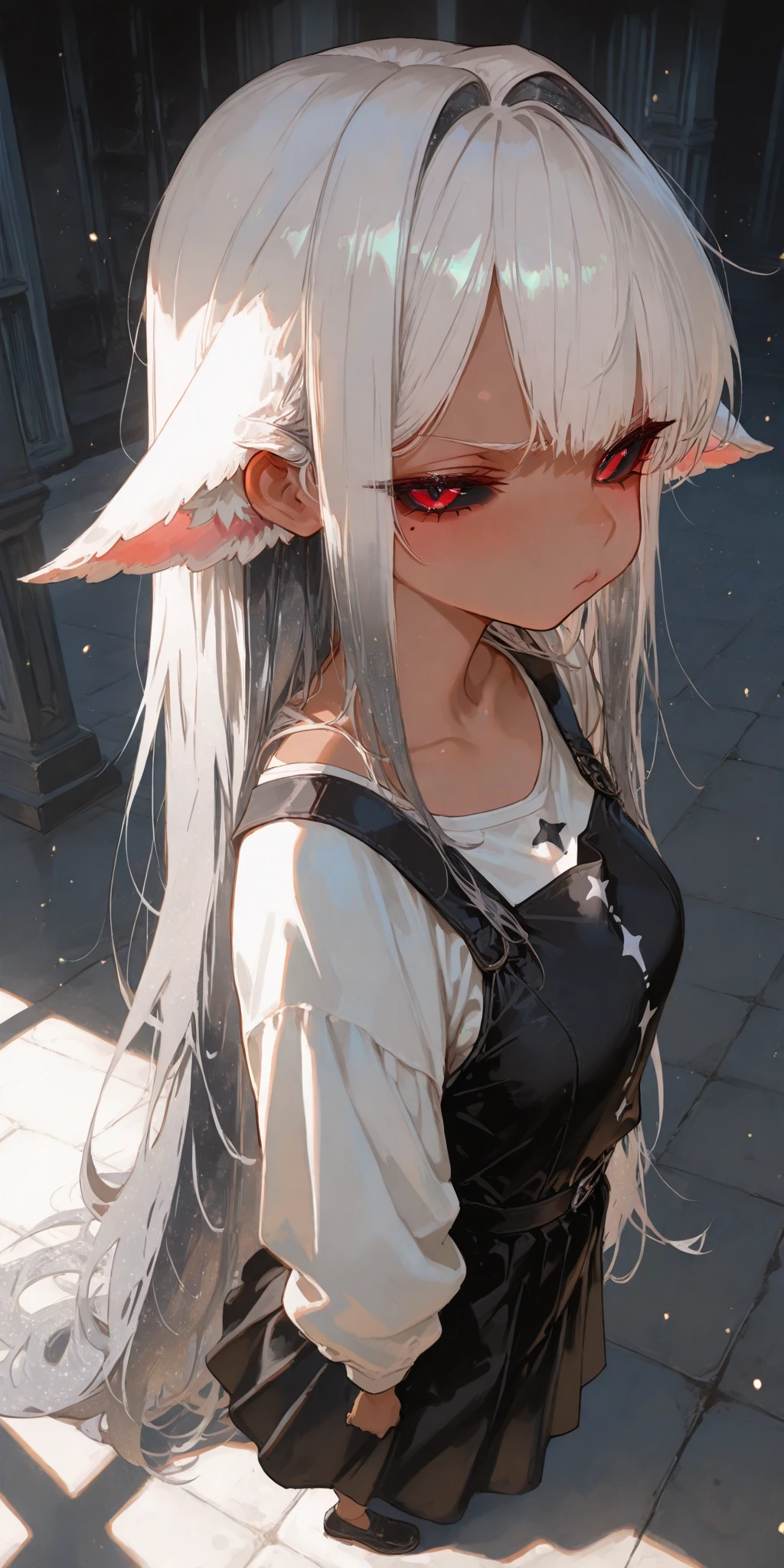 1Girl, hina sorasaki, white hair, purple eyes, forehead, narrow waist, , skinny, cute, flat , walking, facing away, soft light, sunset time
