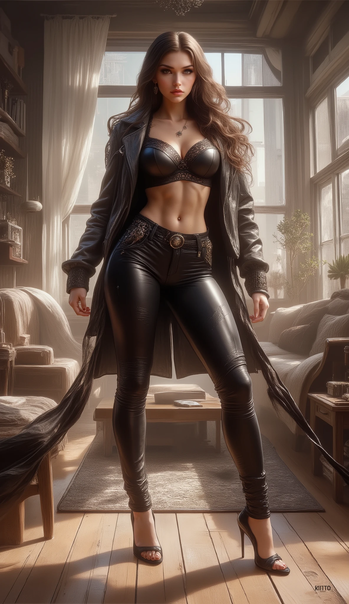 beautiful, sexy, sensual, tall, long brown-haired, 20-year-old TikTok model girl with long, slender legs, a thin waist, broad shoulders, wearing tight black leather pants, a black leather bra, a black leather jacket, and elegant black leather stiletto heels that highlight her graceful, slender ankles, standing with her legs apart, hands on her hips, in the sunshine. modern apartment living room.