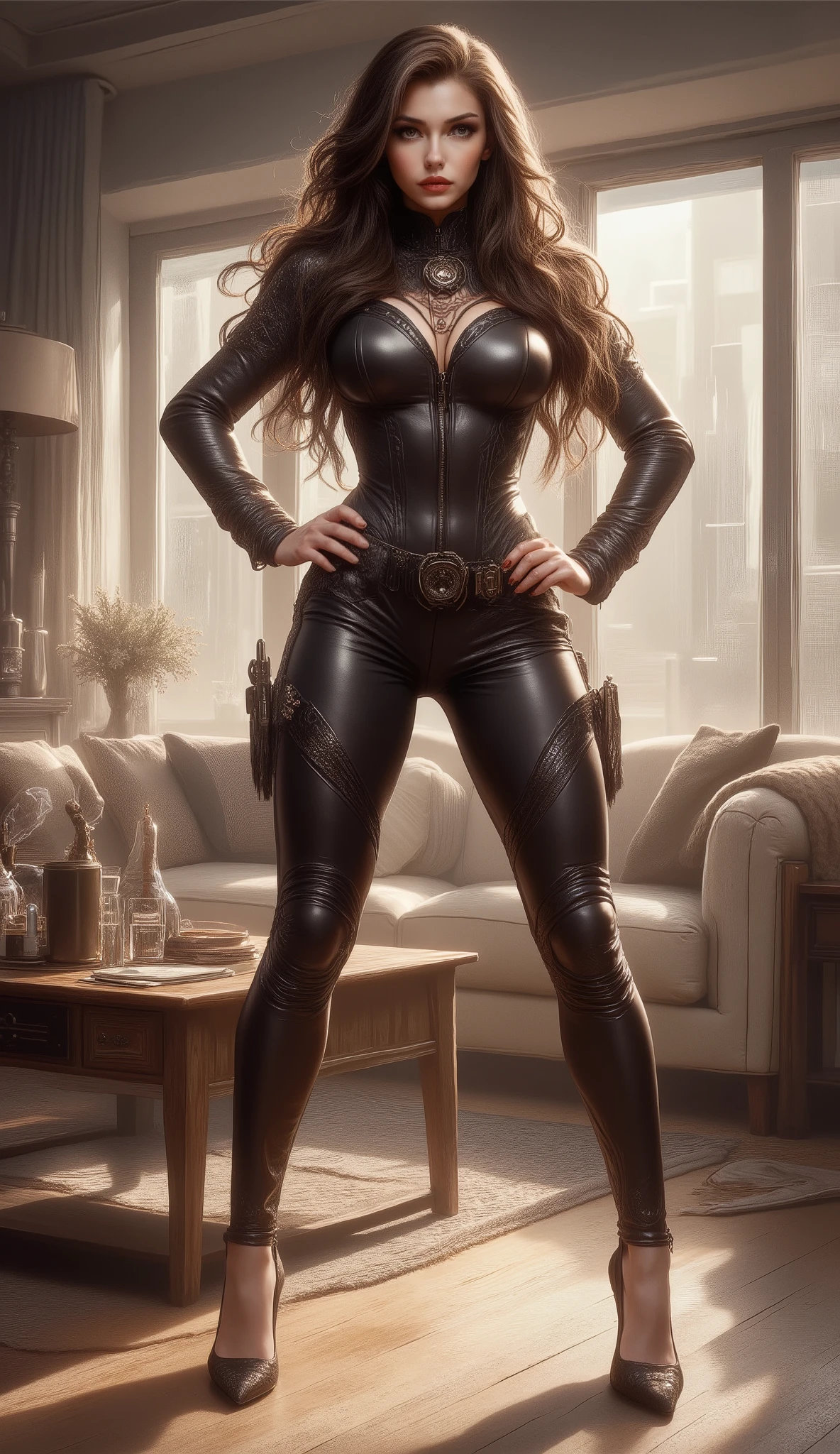 beautiful, sexy, sensual, tall, long brown-haired, 20-year-old TikTok model girl with long, slender legs, a thin waist, broad shoulders, wearing tight black leather pants, a black leather jacket, and elegant black leather stiletto heels that highlight her graceful, slender ankles, standing with her legs apart, hands on her hips, in the sunshine. modern apartment living room.