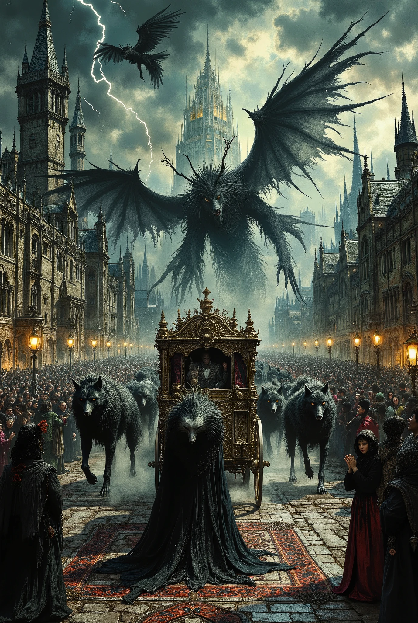 A sweeping panoramic shot of a Gothic Monster Parade, van Helsing aesthetic. A grand carriage made of dark, twisted wood and wrought iron, pulled by massive, shadowy dire wolves, rolls through a vast Gothic courtyard. Winged vampiric creatures soar around towering spires against a stormy sky lit by flashes of lightning. In the crowd, figures in elaborate masquerade masks and tattered贵族ской (guizu - аристократической) clothing cheer. Dynamic composition, high contrast, intricate details, sense of dark celebration and power