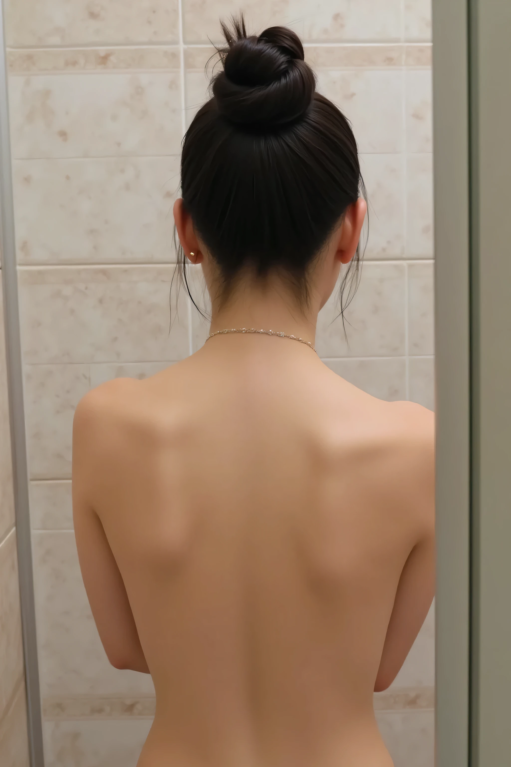 (Highest Quality、Table Top、8k、best image quality、Award-winning work)、one beautiful woman、(I'm nude and hiding my nipples:1.5)、(Short knotted chignon:1.5)、(standing in the large tiled bathroom and is excited:1.5)、( the bathroom door is only slightly open、The woman in the back bathroom has a slight peek:1.5)、( wet shiny black hair :1.2)、(Ultra high definition moist glowing skin:1.1)、(Back view of upper body:1.5)、brightly illuminated face、Very bright、 ultra high definition美しい顔 、Perfect and beautiful teeth、ultra high definition、ultra high definition hair、( Ultra high-res wet glossy skin :1.1)、 Super high-res gloss lips、(accurate anatomy:1.5)