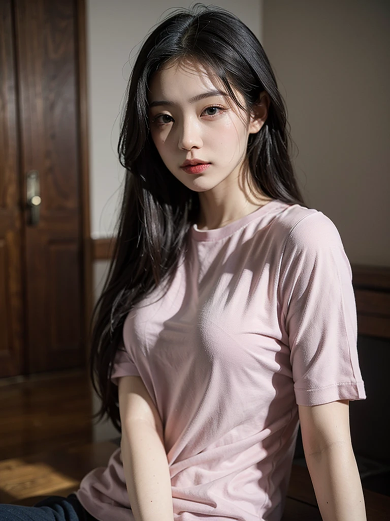 A beautiful and attractive human woman wearing a pink shirt and denim shorts 