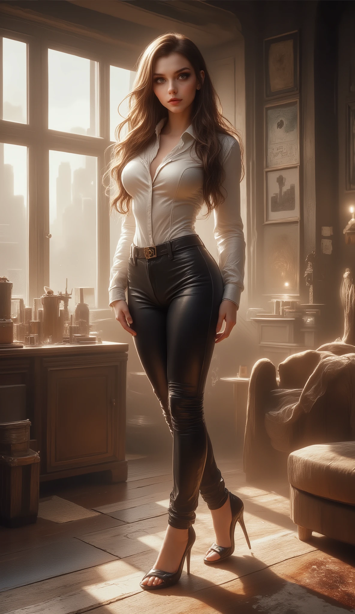 beautiful, sexy, sensual, tall, long brown-haired, 20-year-old TikTok model girl with long, slender legs, a thin waist, broad shoulders, wearing tight black leather pants, a White shiny silk shirt, and elegant black leather stiletto heels that highlight her graceful, slender ankles, standing with her legs apart, hands on her hips, in the sunshine. modern apartment living room.