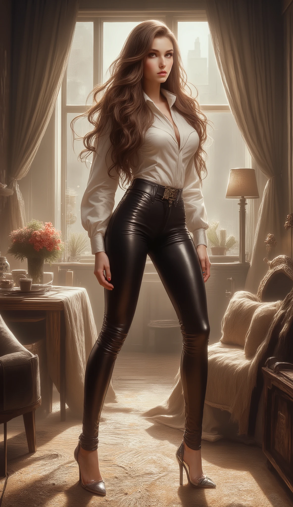 beautiful, sexy, sensual, tall, long brown-haired, 20-year-old TikTok model girl with long, slender legs, a thin waist, broad shoulders, wearing tight black leather pants, a White shiny silk shirt, and elegant black leather stiletto heels that highlight her graceful, slender ankles, standing with her legs apart, hands on her hips, in the sunshine. modern apartment living room.