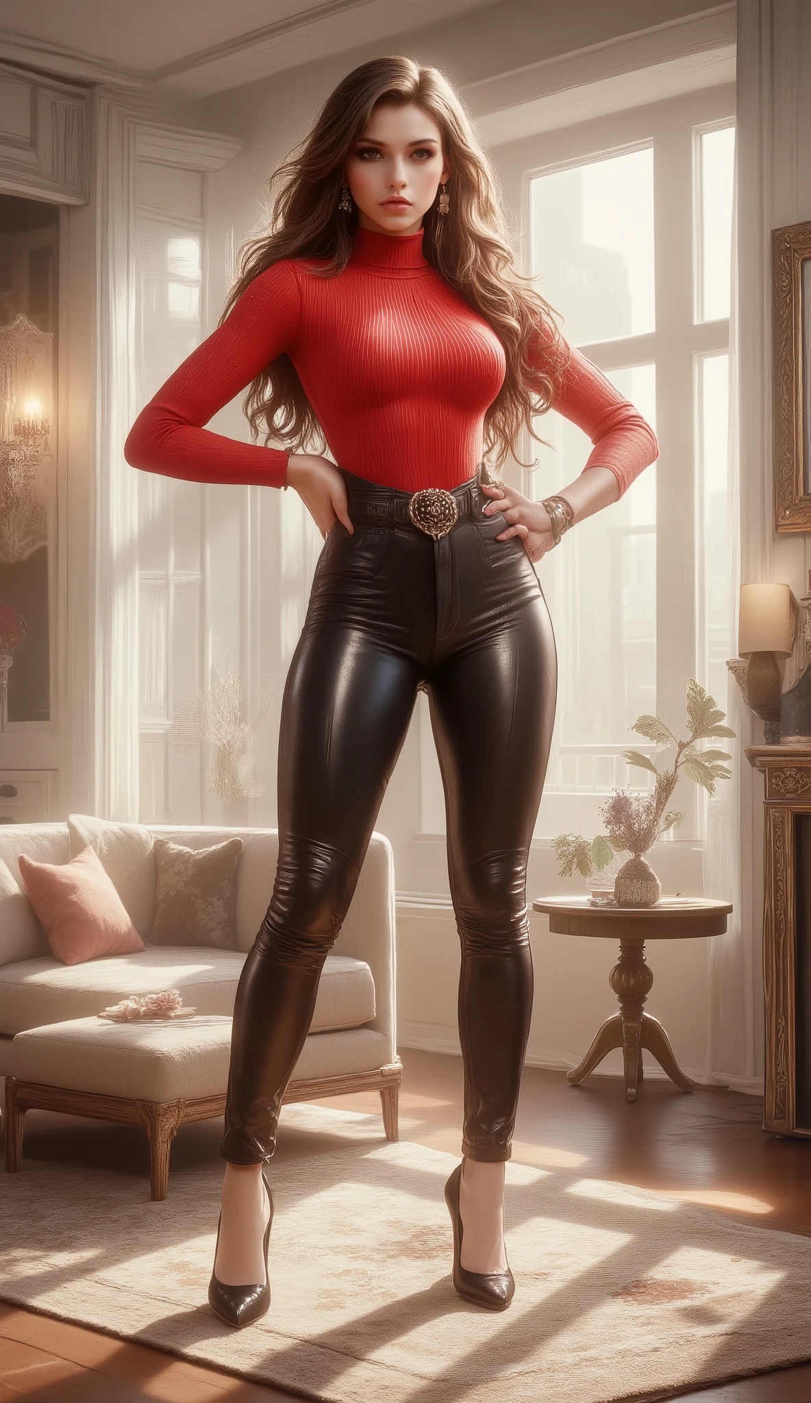 beautiful, sexy, sensual, tall, long brown-haired, 20-year-old TikTok model girl with long, slender legs, a thin waist, broad shoulders, wearing tight black leather pants, a red high-necked turtleneck sweater, and elegant black leather stiletto heels that highlight her graceful, slender ankles, standing with her legs apart, hands on her hips, in the sunshine. modern apartment living room.