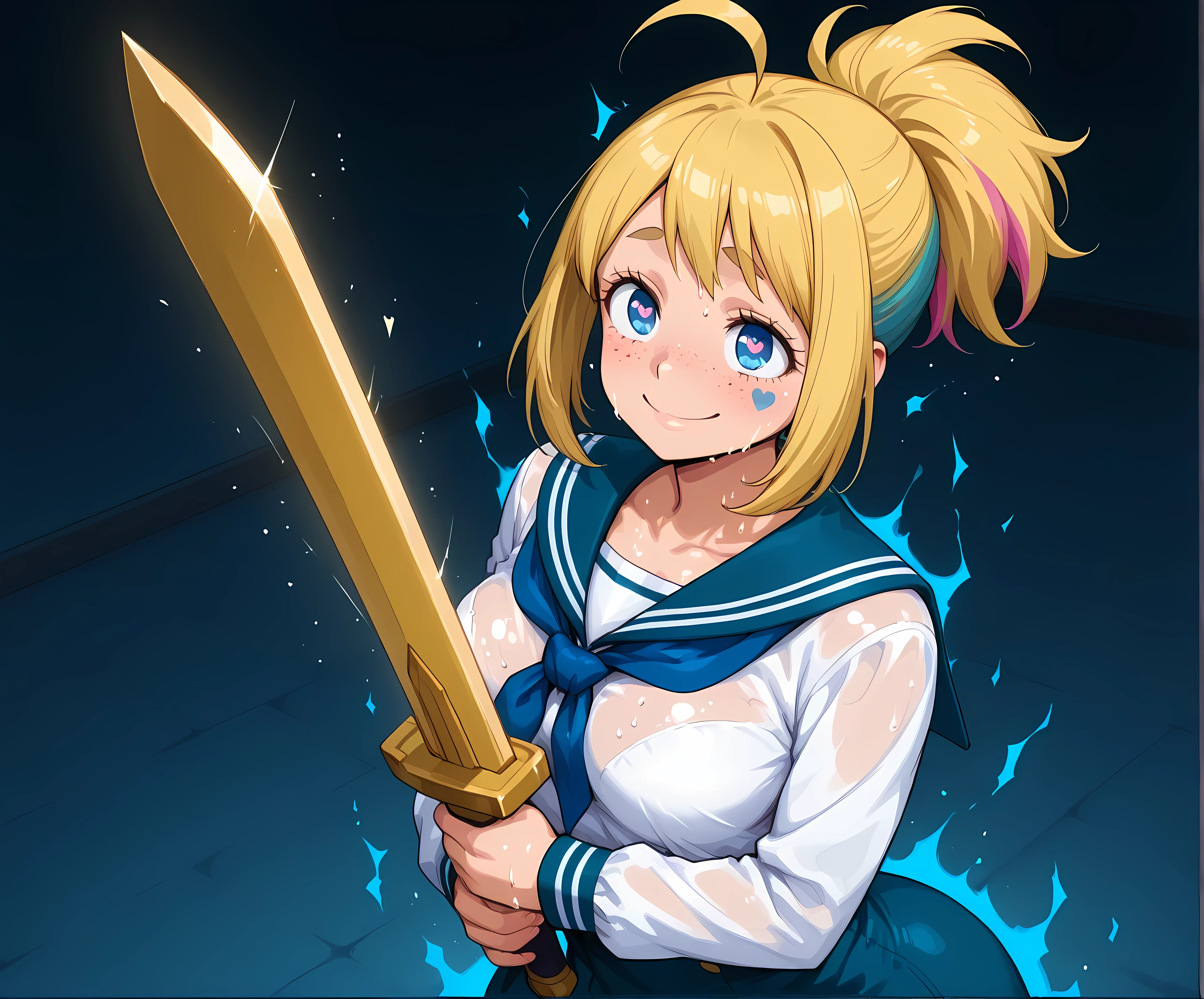 ((incredibly detailed art, high side angle)), ((1woman, striking the observer with his sword, alone, solo, aura flowing through the sword, advancing upwards with the sword, impact of the sword movement, expression of anger, pink streaks in the hair, small breasts, dark room, holding a golden sword, sailor-style clothing, closed-mouth smile, adult body, blue sailor blouse tight on breasts, jelly slimy skin, sweaty and hot skin, similar to Uraraka Ochaco, ponytail hair, blonde hair, anime Hyakkano-style, lustful look, heart-shaped pupils):1.11), {Uraraka Ochaco}:((ultra detailed blue eyes, freckles on the face, ahoge hair):1.05), ((Maron Maron artist:1.12, Yareruko! Densha hentai body style:1.12, Kasshoku Bakunyuu x Pocchari Jukujosou 2 ~Kuso Bitch!! Mesubuta 2-hiki wa Ore no Chinpo Dorei!!~ hentai body style:1.12, anime style Hyakkano:1.12)).
