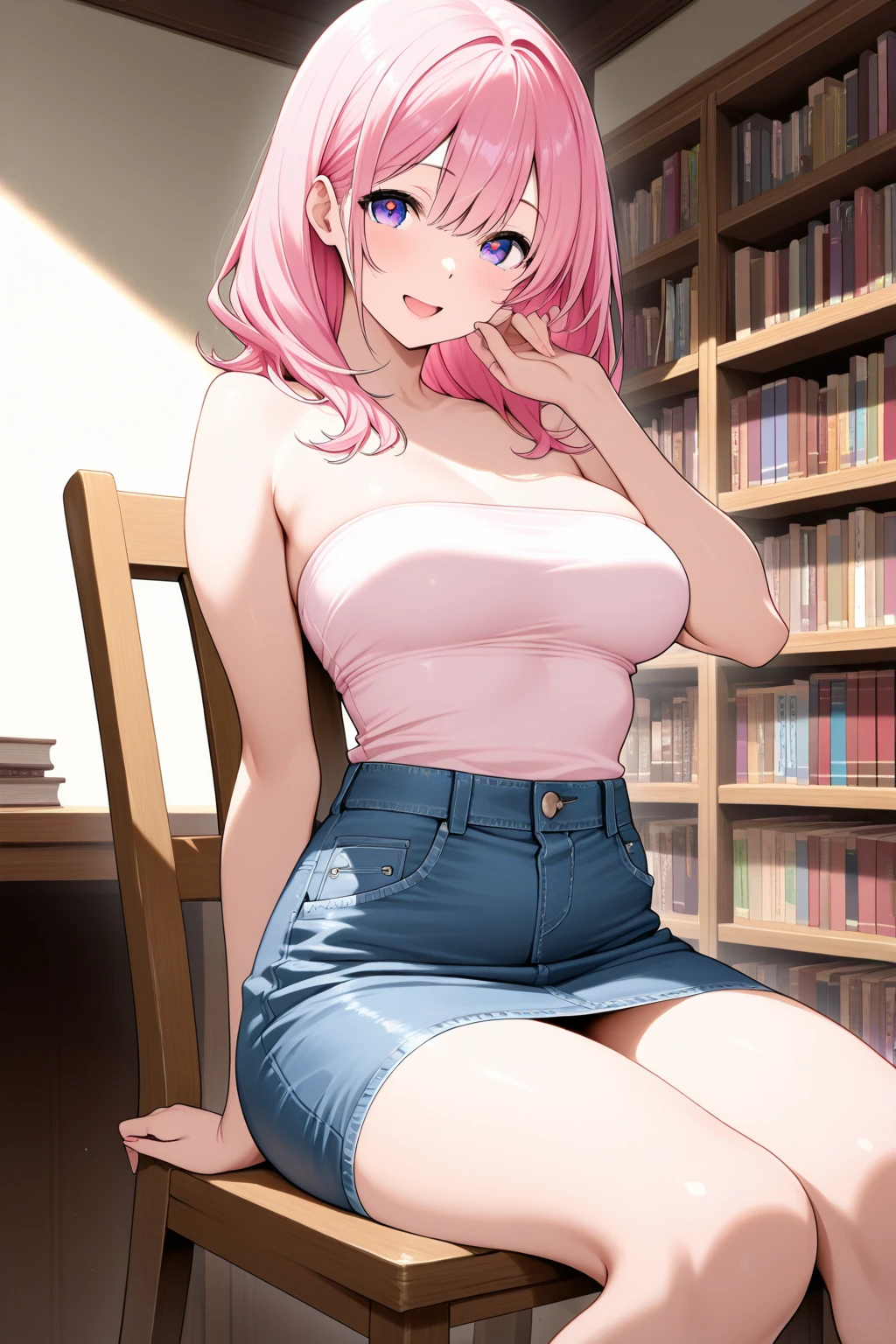 pelo color rosa, pelo color rosa intenso, cabello rosado, ojos azules intenso, ojos color azul, intense blue eyes, electric blue eyes, color de ojos azules, labios enormes, labios hinchados, double ponytails hairstyle, double ponytails, pechos grandes, pechos enormes, Figura de reloj de arena, (cintura estrecha), confianza, superioridad,  Palo de golf, malcriado, bully, muslos gruesos, pendientes, arriba, diafragma, Bermudas, sonrisa, medio plano, evil sonrisa, cara de gemido, cardigan, Falda ajustada, falda larga, brown skirt, grande , from the Frente, en terapia (Terapeuta, sentada en una silla, realistic lighting), pechos grandes, caderas grandes, Front, from the front